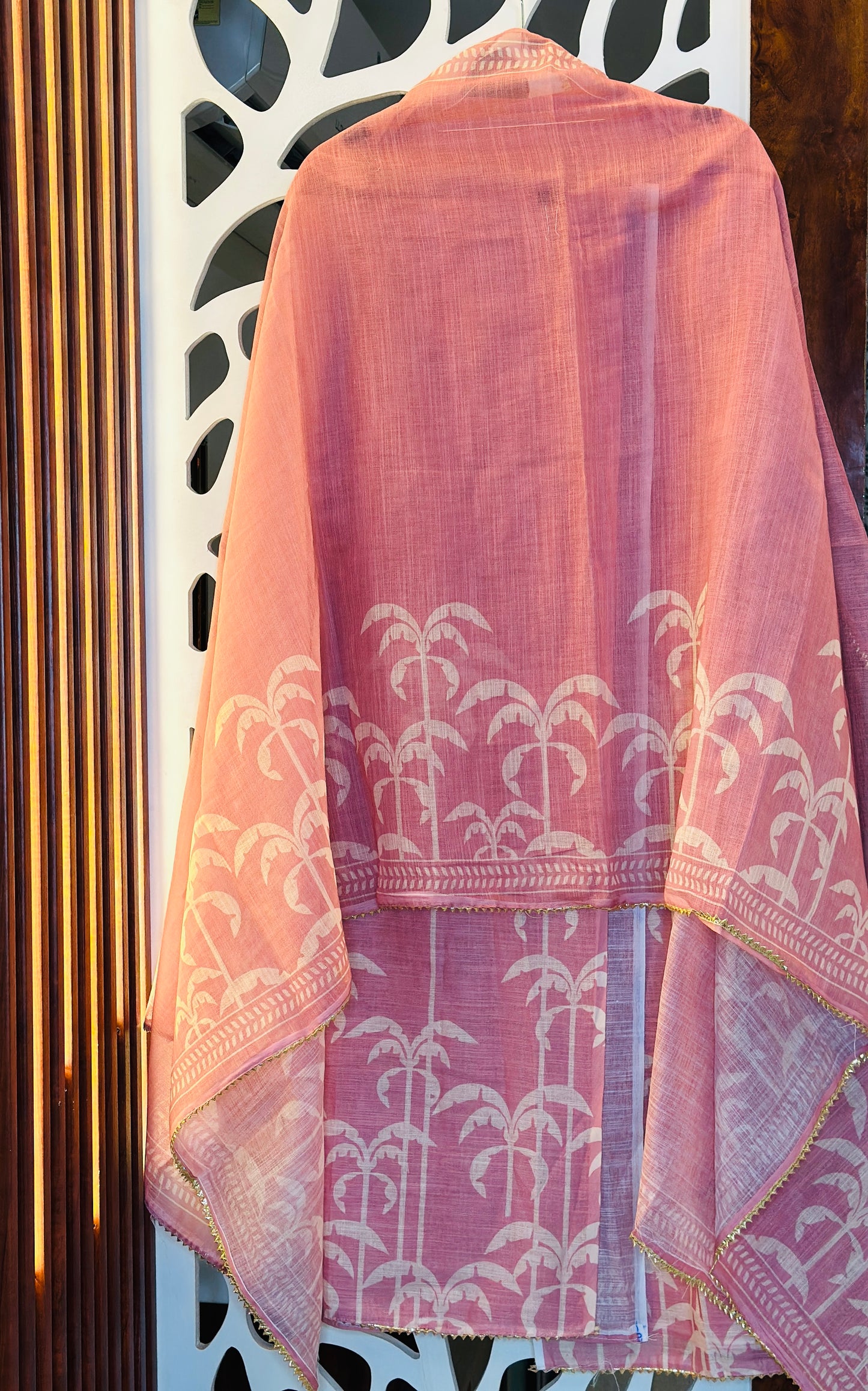 Soft Linen Suit With Daman Printed Cut Dana Work, & Golden Kinari Lace Highlights With Printed Linen Dupatta & Rayon Bottom