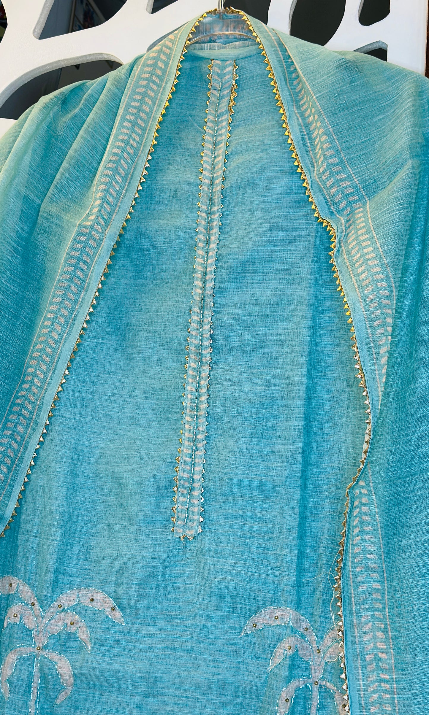 Soft Linen Suit With Daman Printed Cut Dana Work, & Golden Kinari Lace Highlights With Printed Linen Dupatta & Rayon Bottom