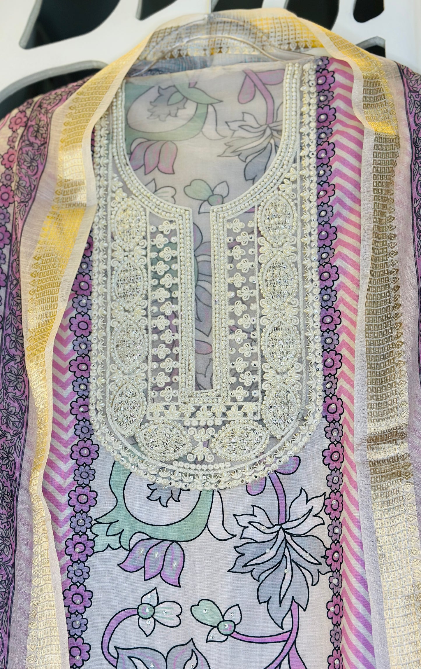 Our Digital Printed Soft Linen Suit Embroidered Neck Tie With Pearl Highlights & Soft Linen Dupatta & Plain Rayon Bottom