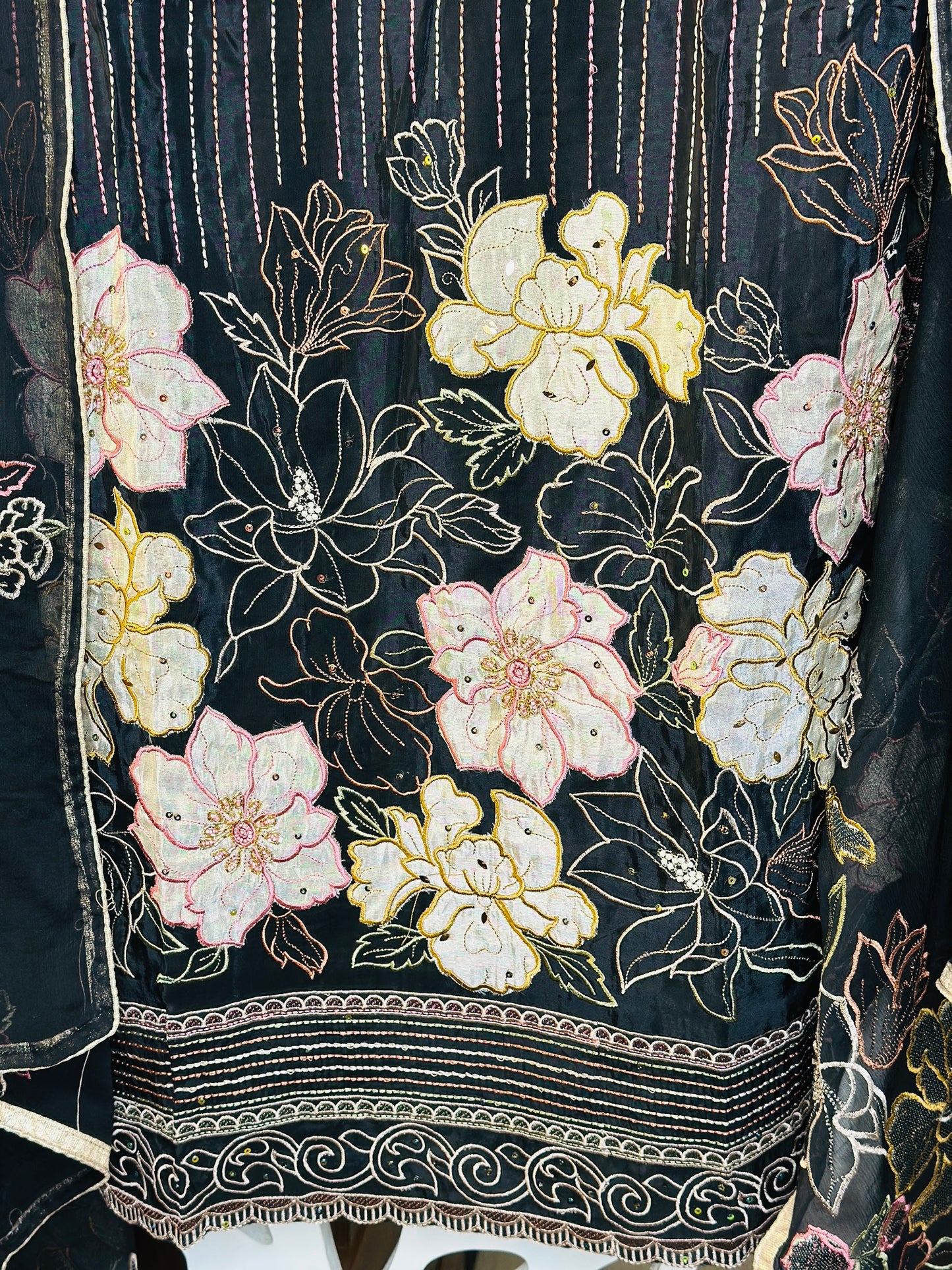 Our Party Wear Pure Georgette Black Suit With Beautiful Thread Work Embroidery, Sequence Highlights & Cut Dana Work