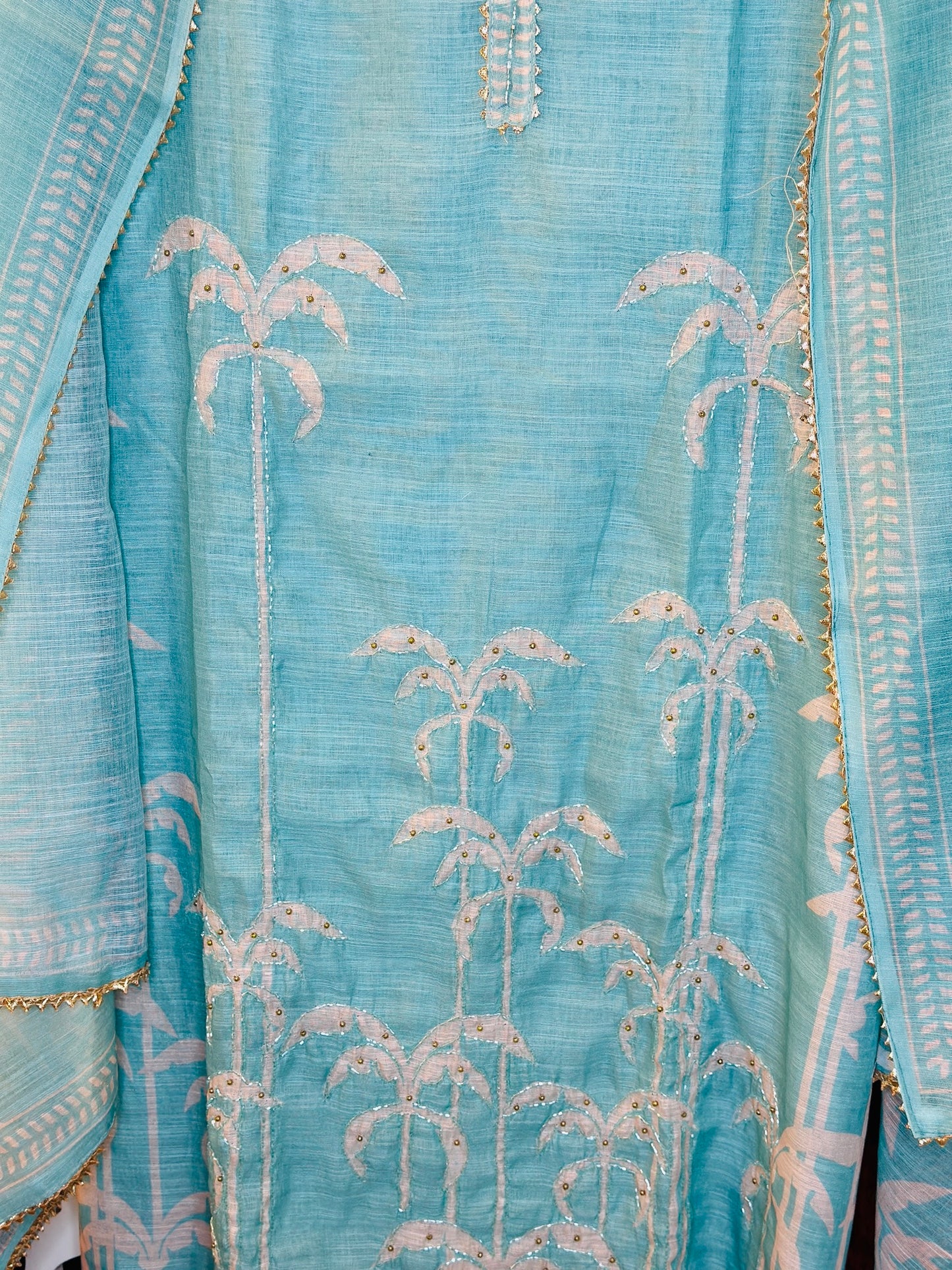 Soft Linen Suit With Daman Printed Cut Dana Work, & Golden Kinari Lace Highlights With Printed Linen Dupatta & Rayon Bottom