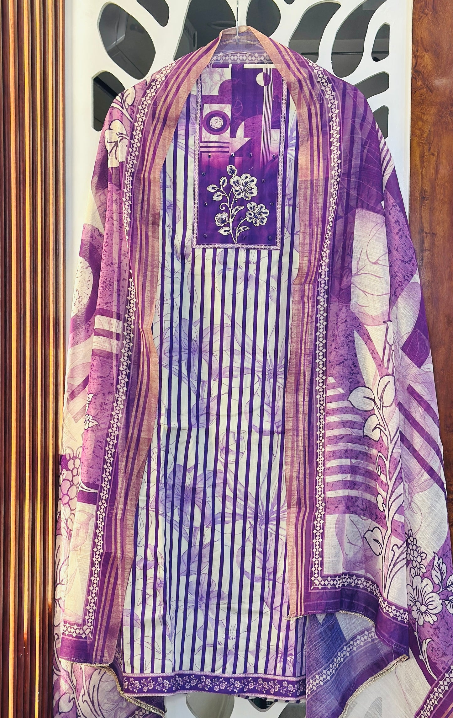 Digital Printed Pure Cotton Suit & Dupatta With Golden Wire & Lace Highlights