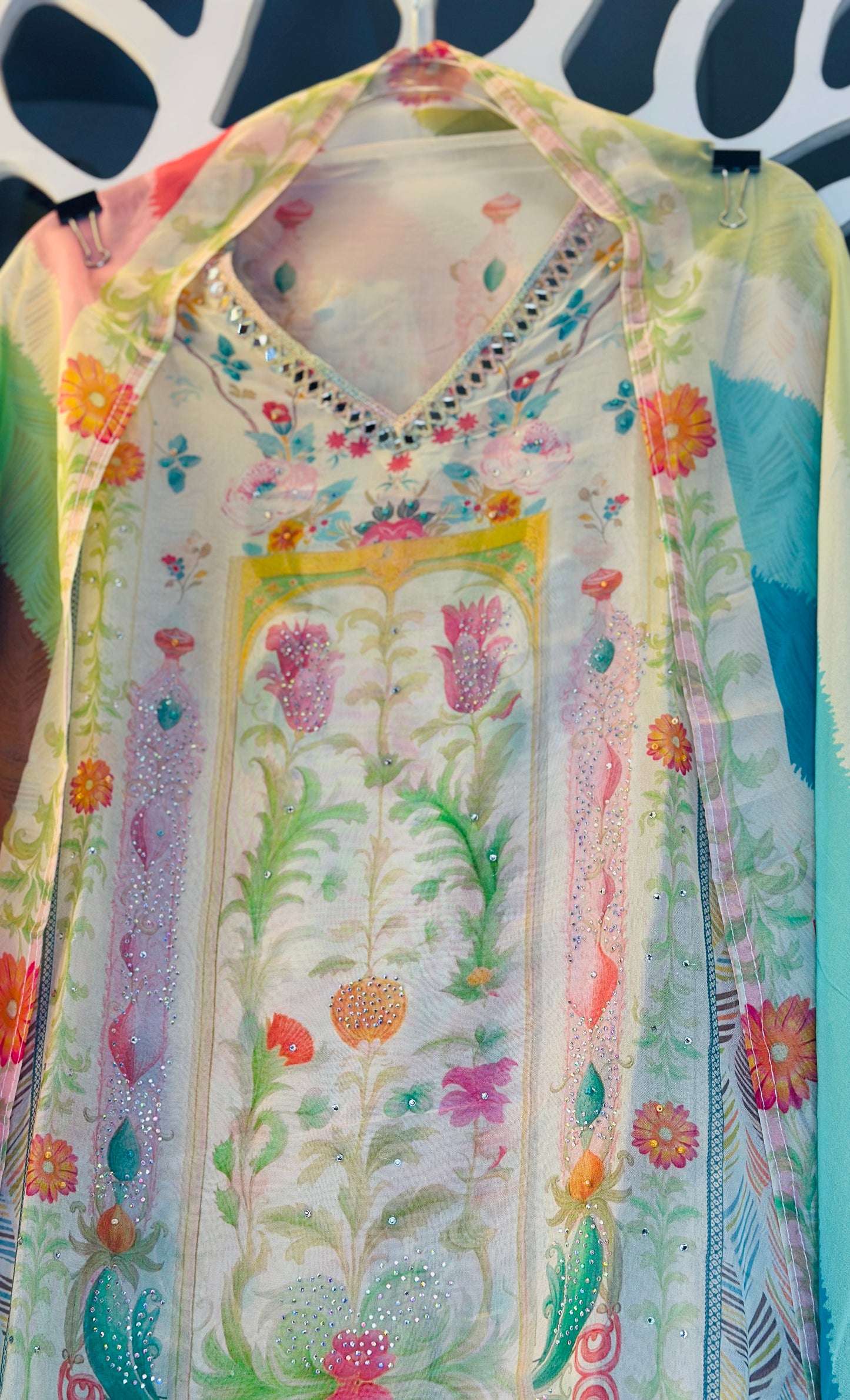Trendy Multicoloured Digital Printed Semi Stitched Organza Suit With Seroski & Mirror Highlights Lehriya Organza Dupatta With Tassels & Plain Rayon Bottom