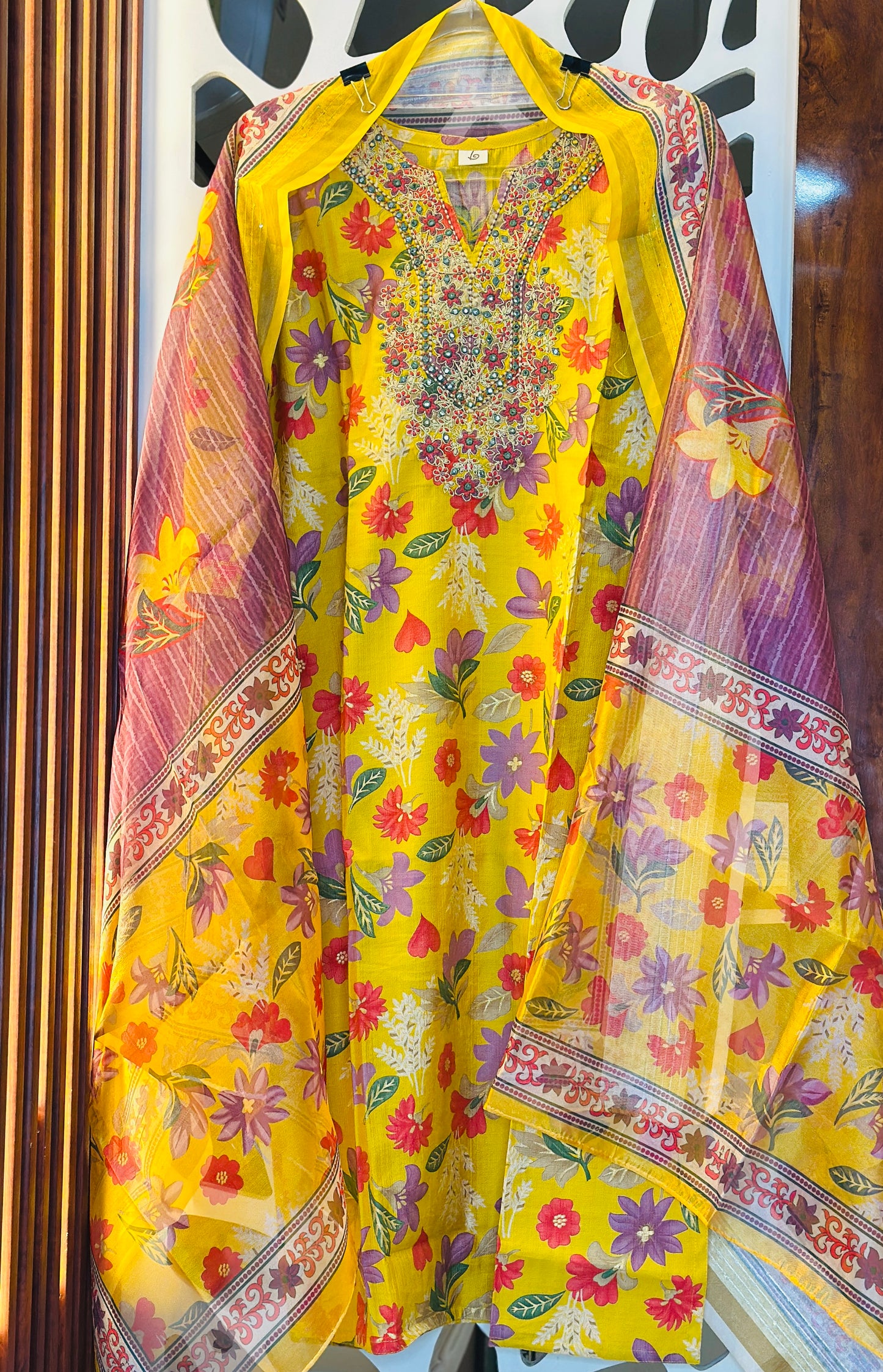 Beautiful Floral Digital Printed Suit With Foil Mirror Work Embroidered Necktie