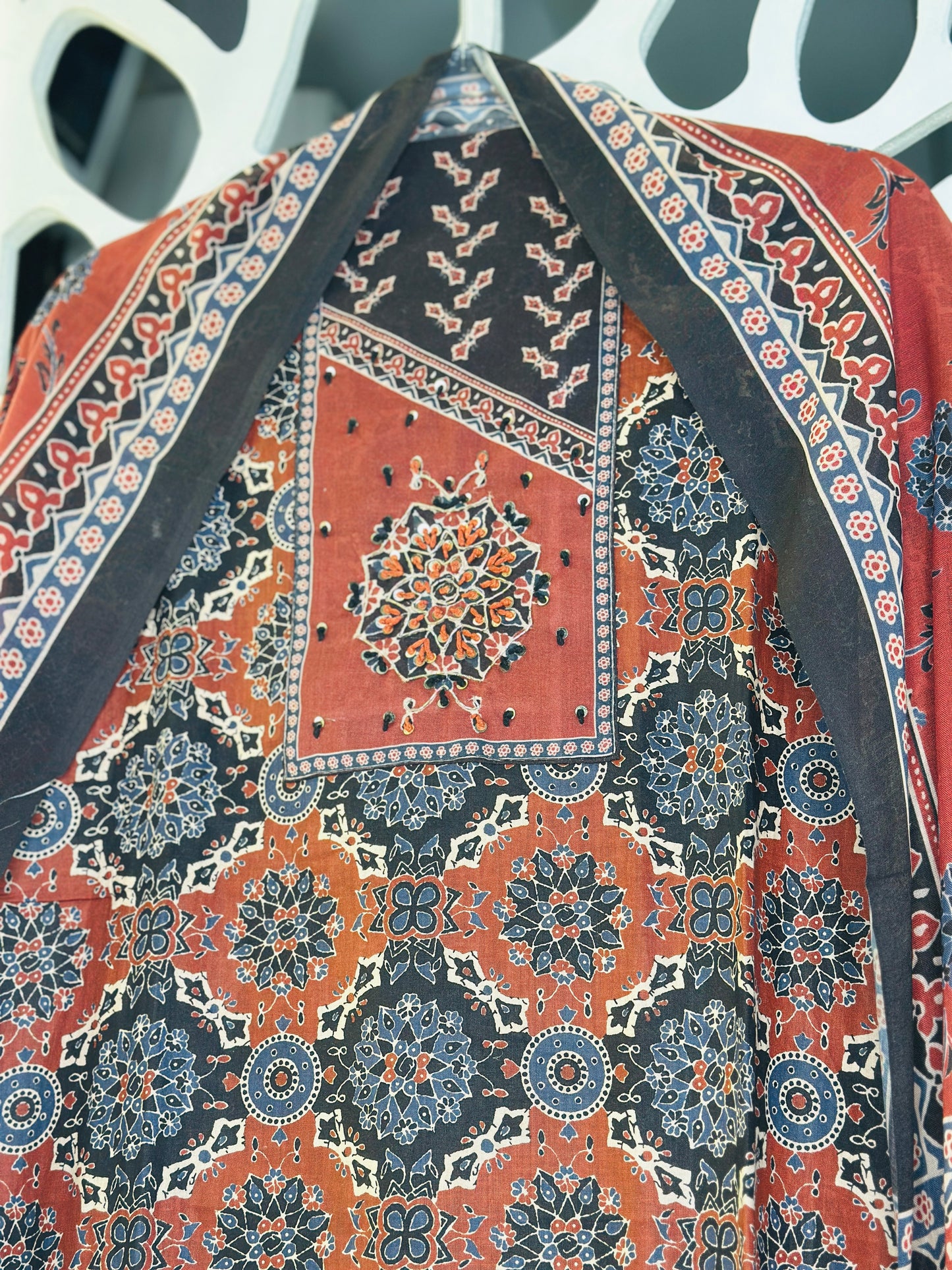 Ajrak Print Pure Cotton With French Knot & Golden Wire Highlights & Pure Cotton Dupatta