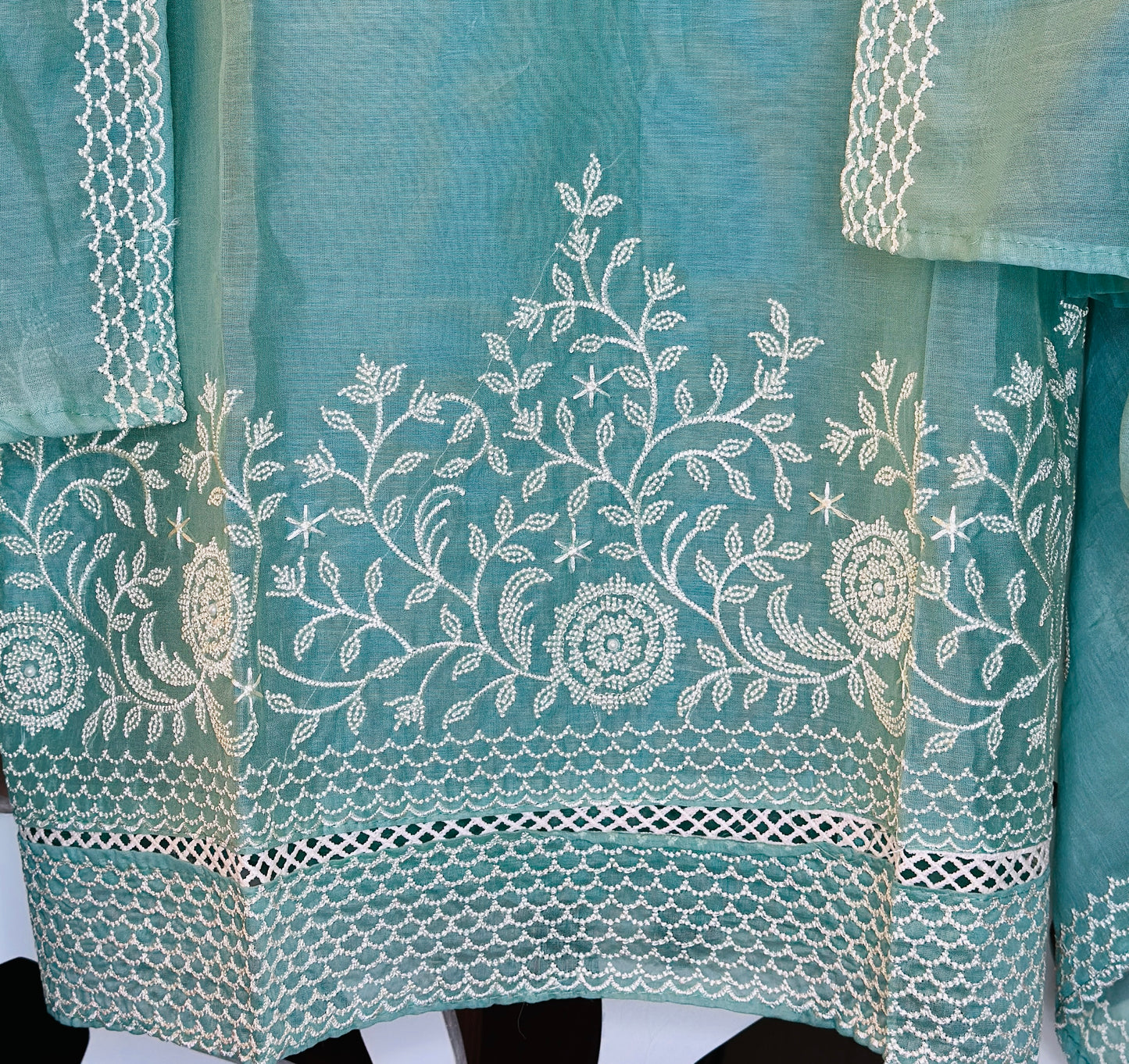 Fine & Elegant Thread Embroidered Mul Chanderi Suit With Crochet Lace & Thread Embroidered Mul Chanderi Dupatta & Plain Rayon Bottom