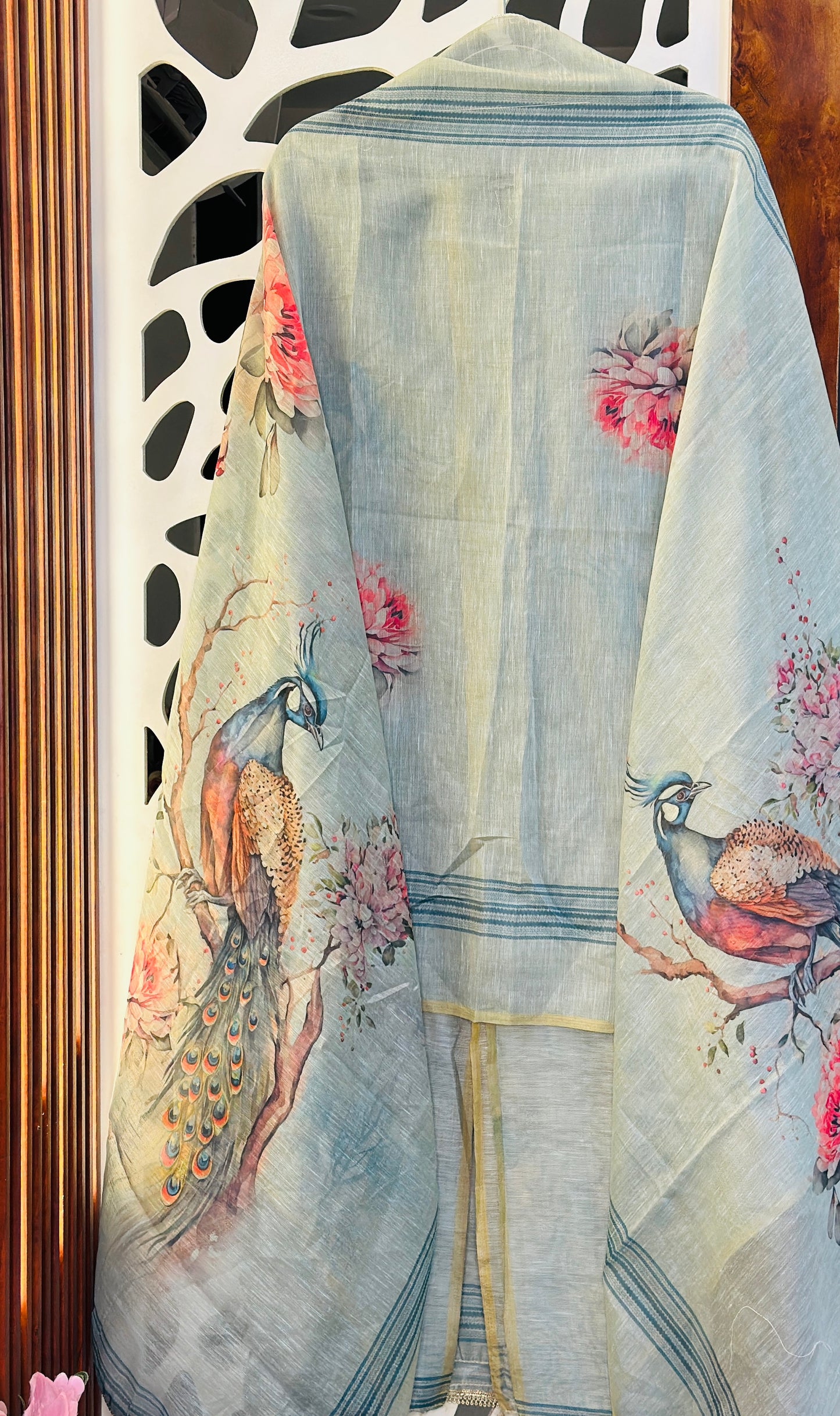 Premium Digital Peacock Printed Suit With Cut Dana & Thread Embroidery With Digital Printed Soft Linen Dupatta & Plain Rayon Bottom