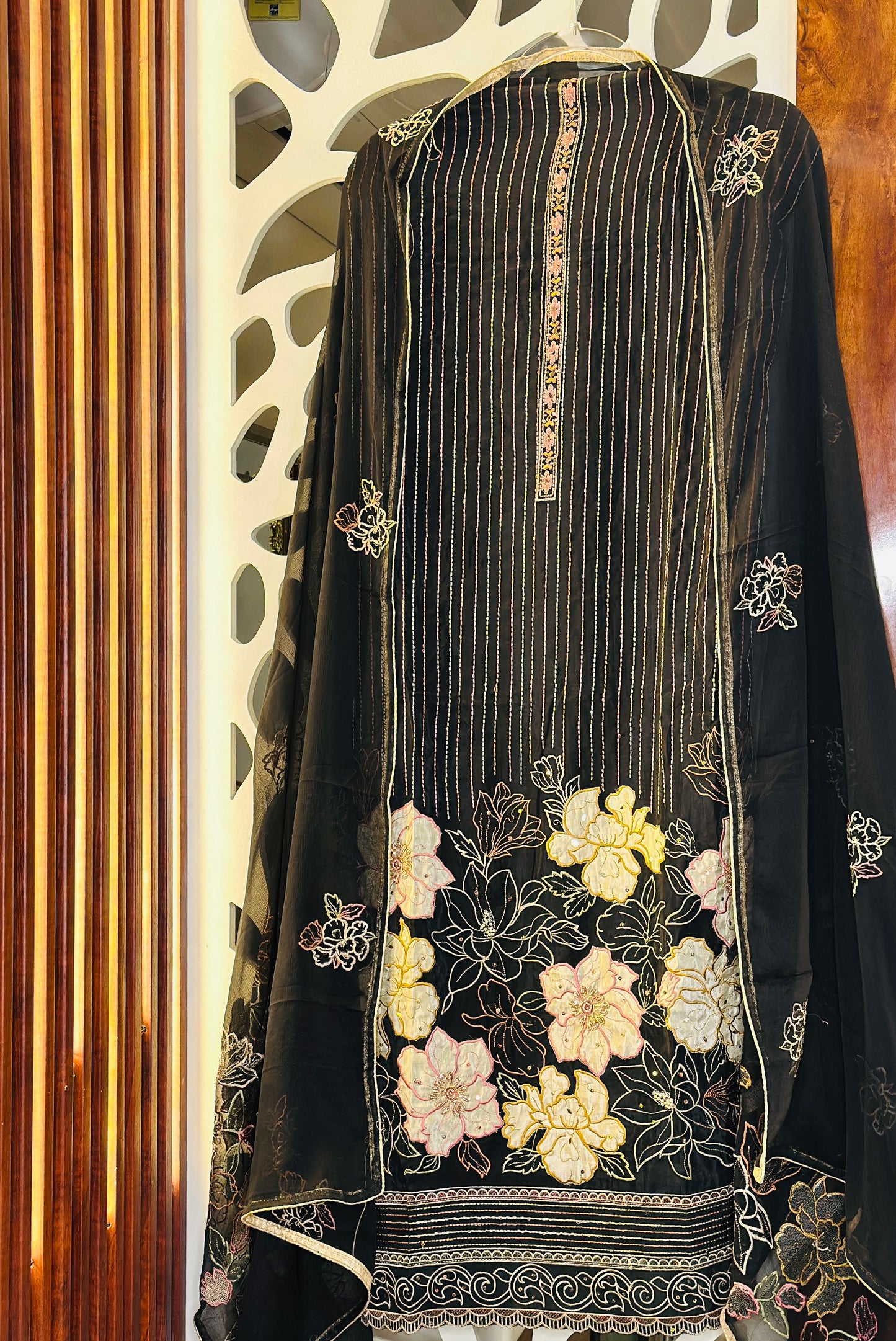 Our Party Wear Pure Georgette Black Suit With Beautiful Thread Work Embroidery, Sequence Highlights & Cut Dana Work