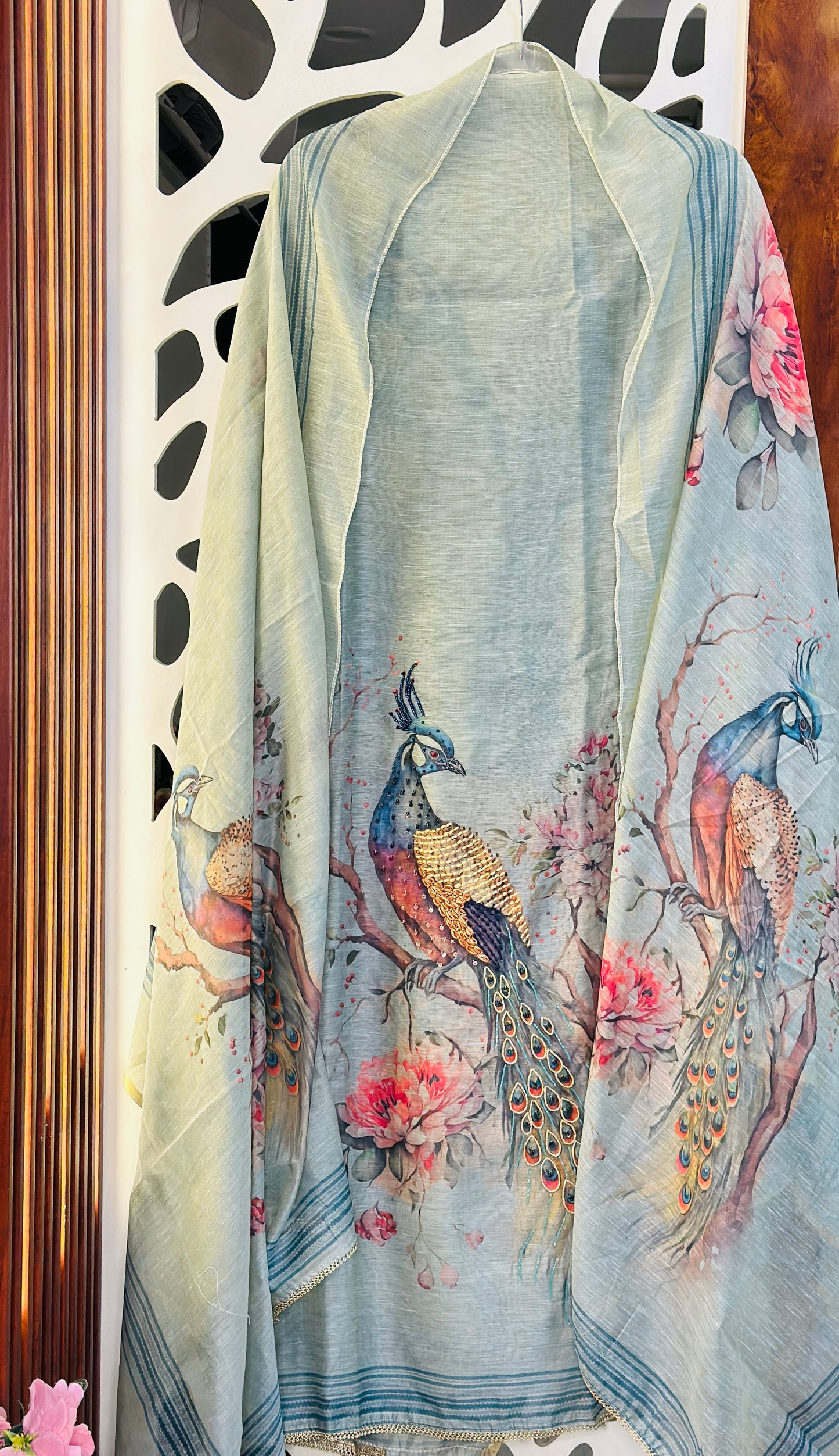 Premium Digital Peacock Printed Suit With Cut Dana & Thread Embroidery With Digital Printed Soft Linen Dupatta & Plain Rayon Bottom