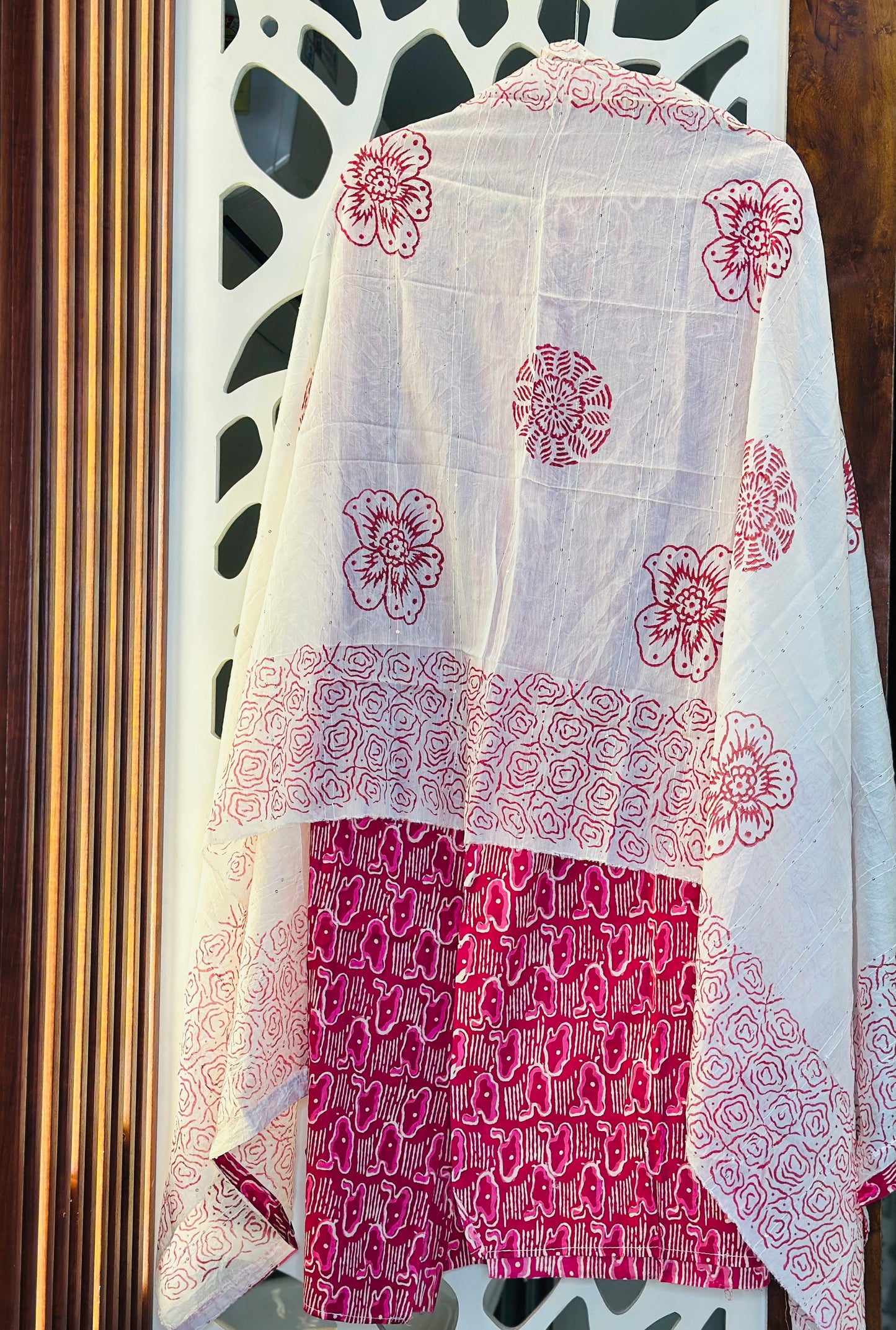 Printed Pure Cotton Neck Tie Thread Embroidered Suit With Printed Dupatta Sequence Highlights & Cotton Bottom With Embroidery