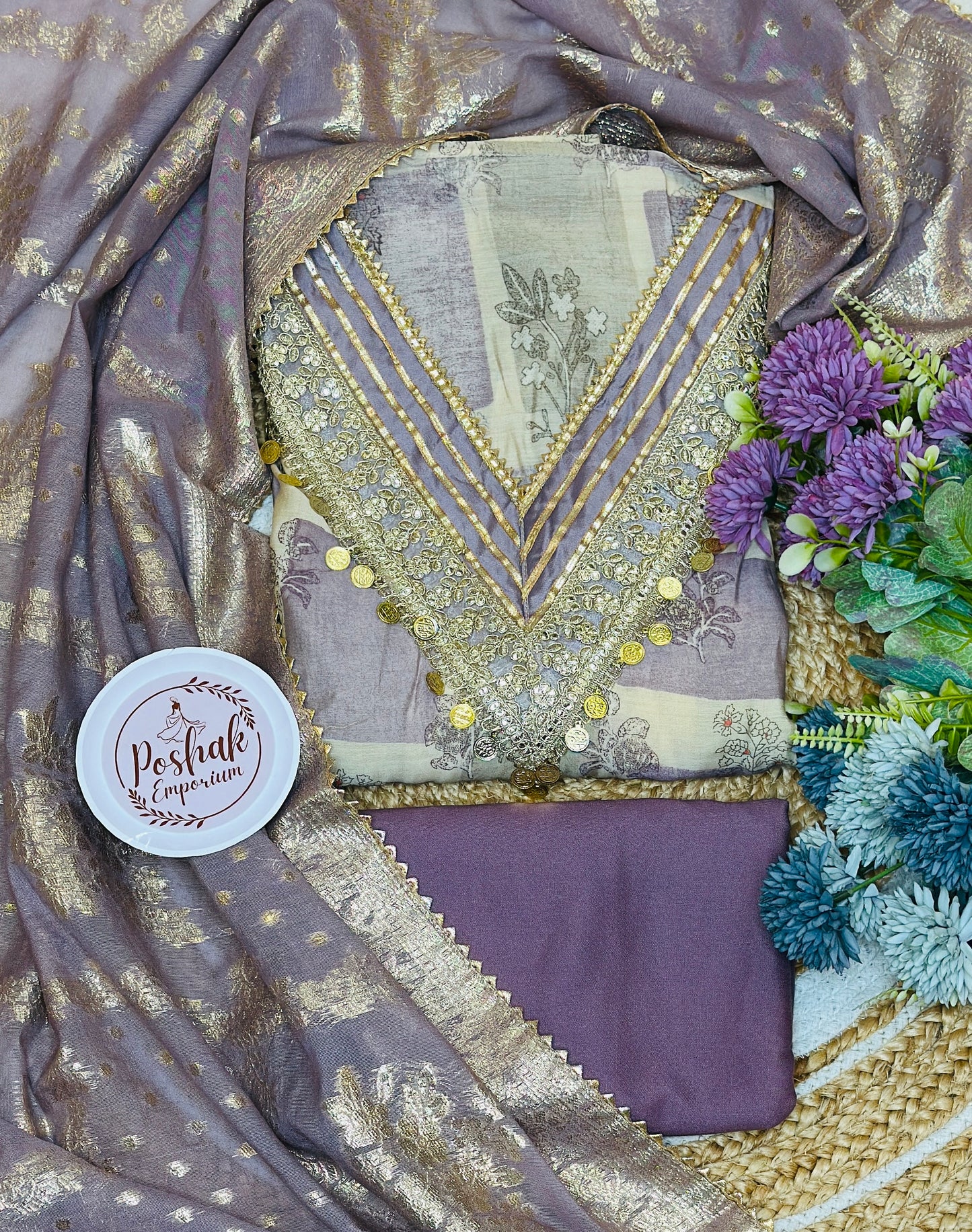 Box Digital Printed Muslin Suit With Beautiful Golden Thread & Tassels
Neck Tie With Self Weaved Georgette Dupatta & Rayon Bottom