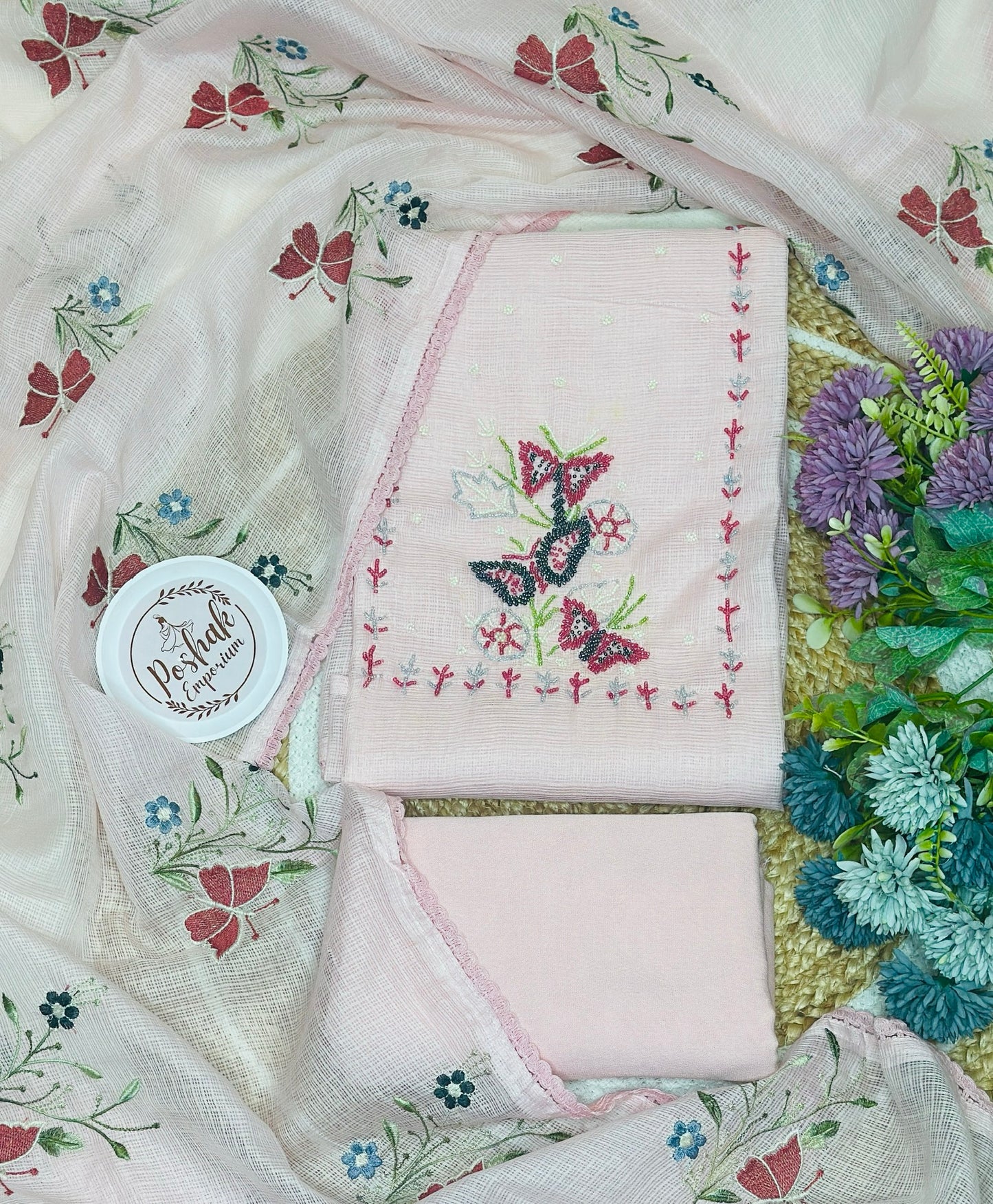 Butterfly Pearl Desginer Kota Doria With Butterfly Embroidered Kota Doria Dupatta Crochet Lace Edges & Plain Rayon Bottom