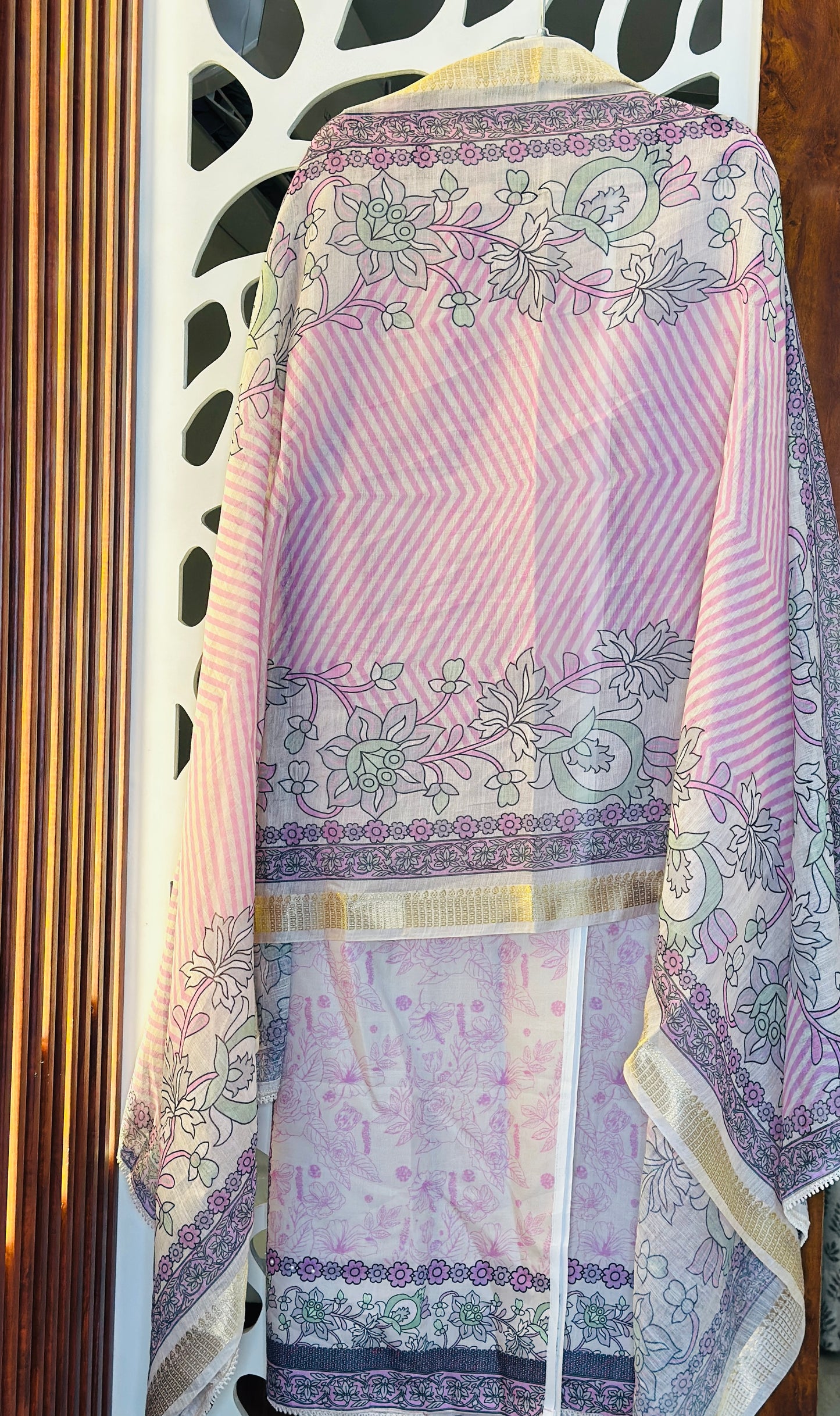Our Digital Printed Soft Linen Suit Embroidered Neck Tie With Pearl Highlights & Soft Linen Dupatta & Plain Rayon Bottom