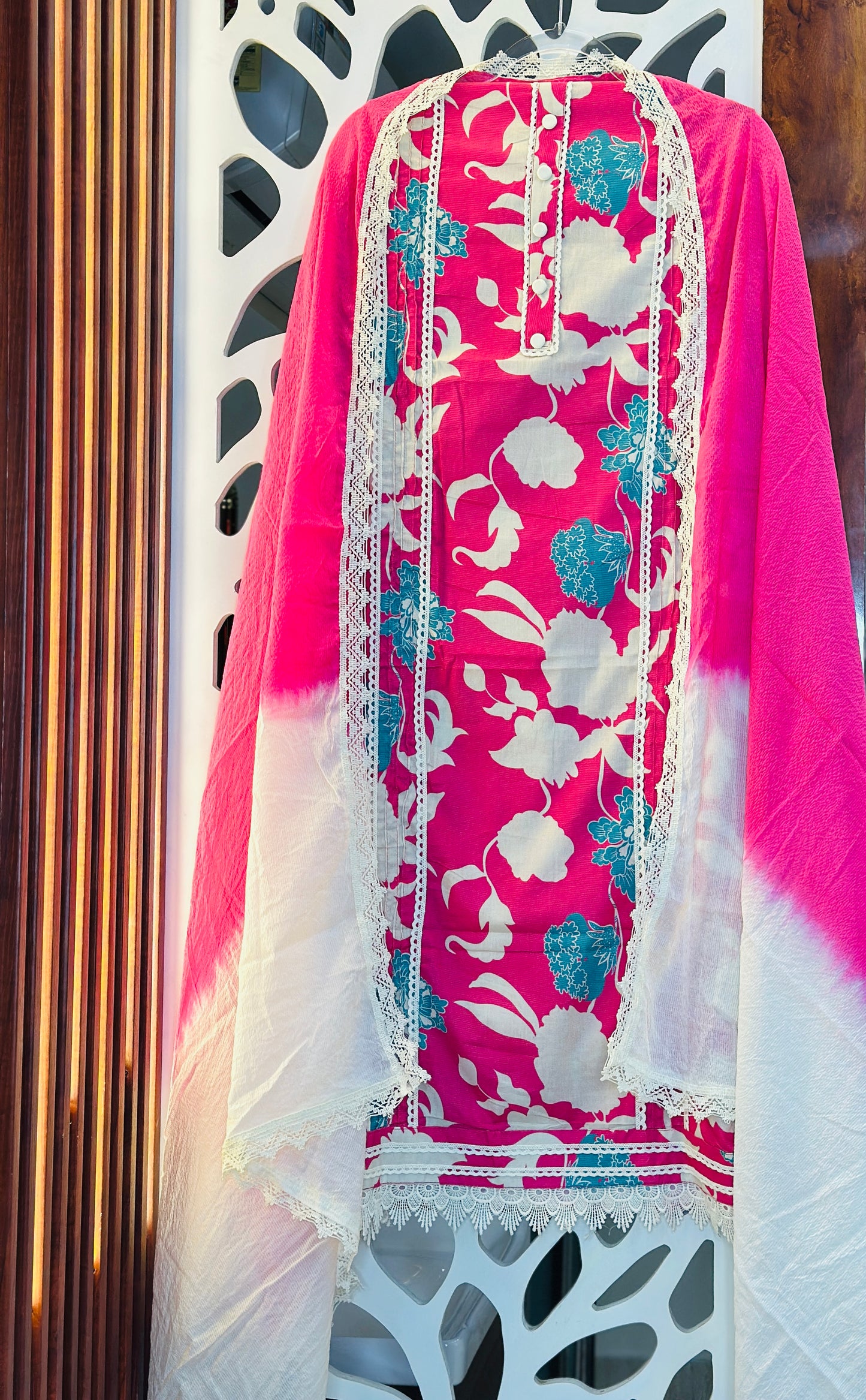 Floral Printed Pure Cotton With Ombre Printed Dupatta & Crochet Lace Edges