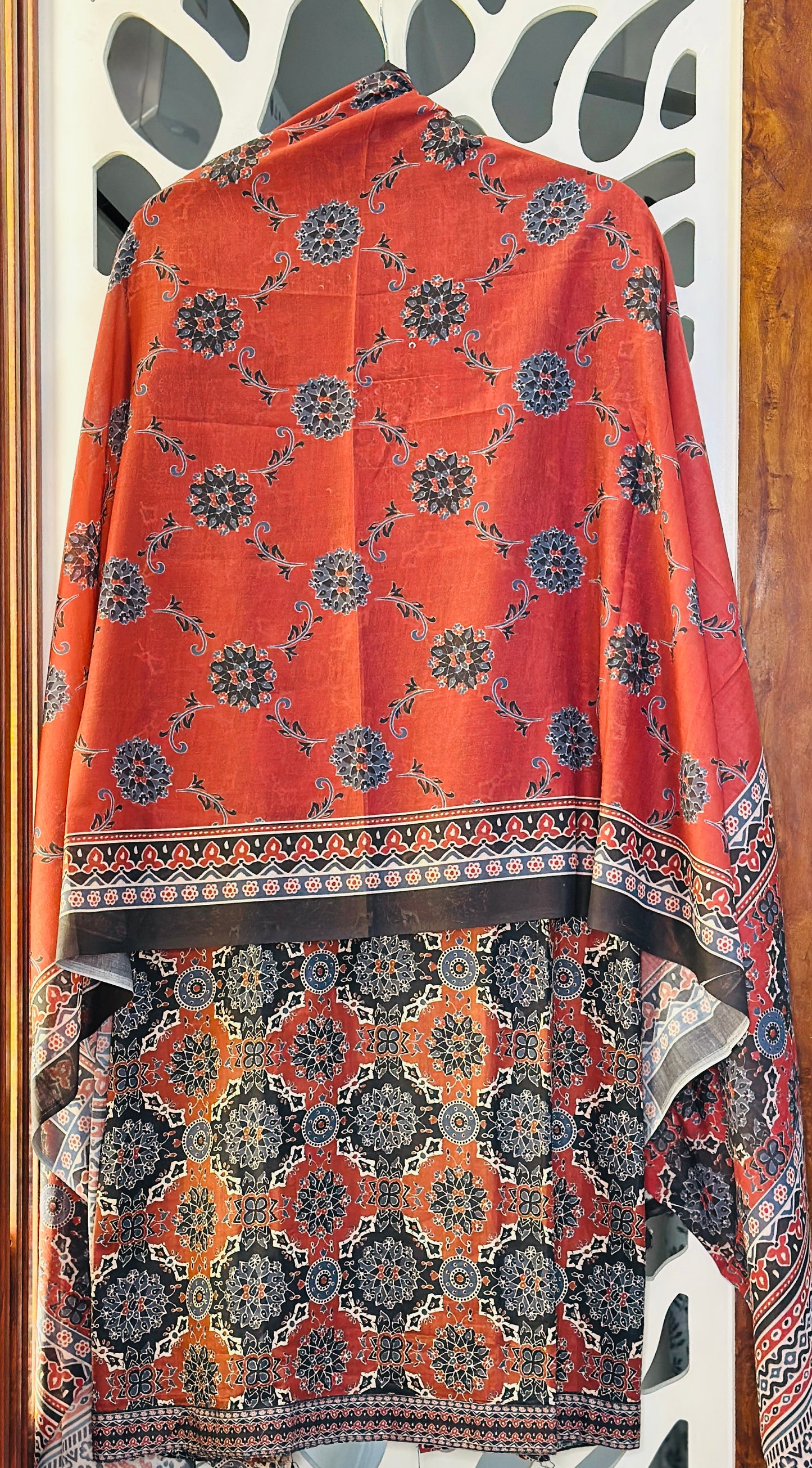 Ajrak Print Pure Cotton With French Knot & Golden Wire Highlights & Pure Cotton Dupatta