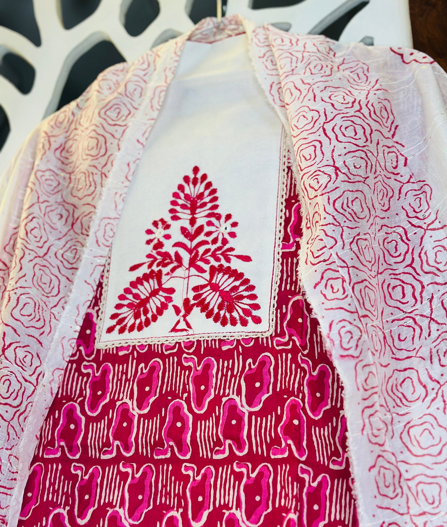 Printed Pure Cotton Neck Tie Thread Embroidered Suit With Printed Dupatta Sequence Highlights & Cotton Bottom With Embroidery