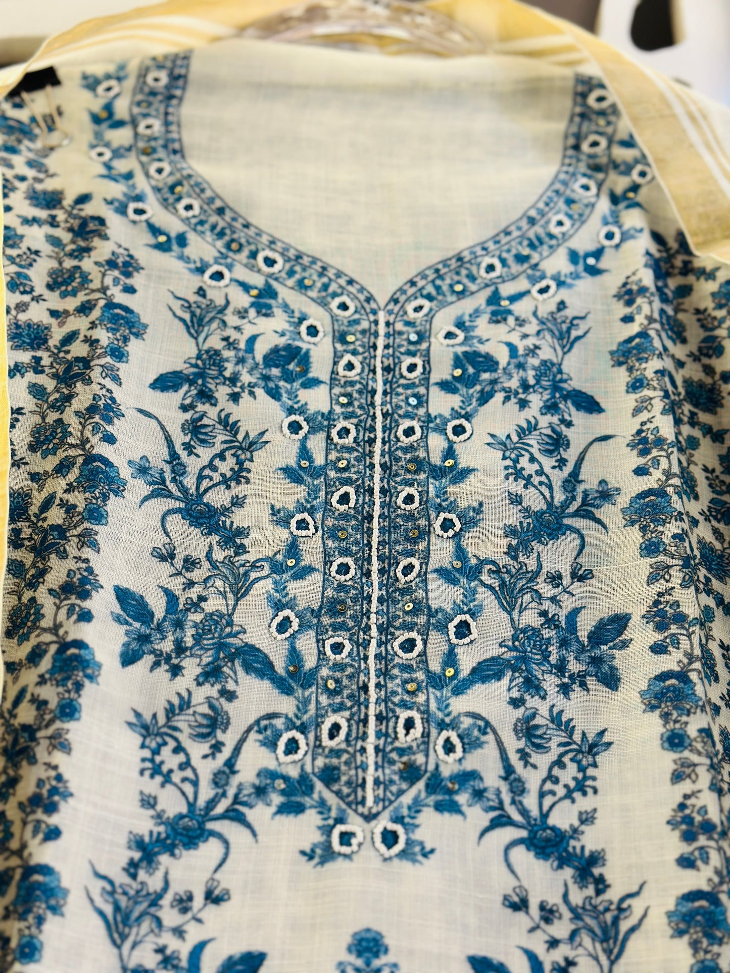 Soft Linen Digital Printed Suit Pearl Work On Neck Tie With Digital Printed Linen Dupatta & Rayon Bottom
