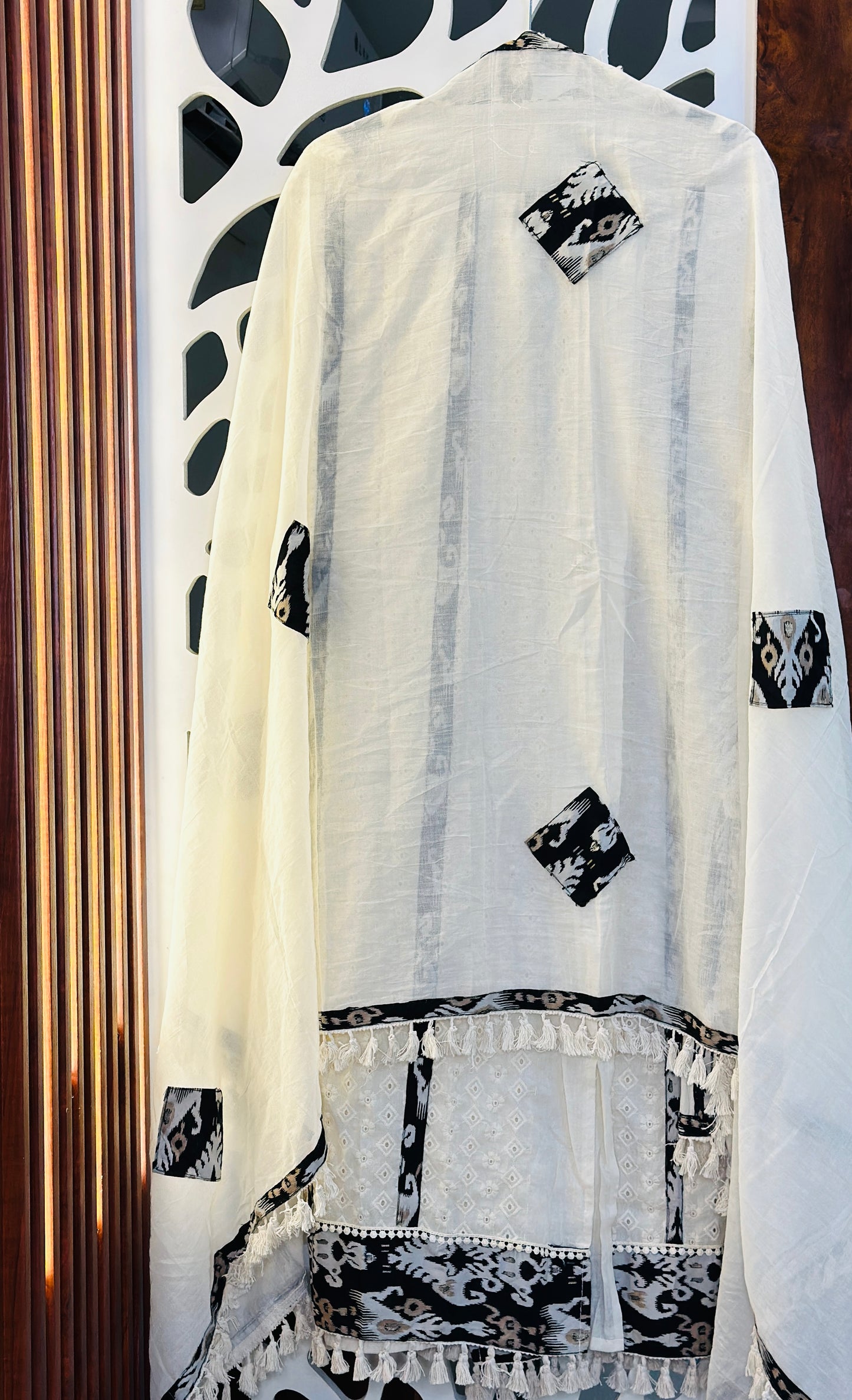 Premium Schiffli Ikkat Print Patches Pure Cotton Suit Daman Tassels With Cotton Dupatta Kinari Tassels & Plain Cotton Bottom