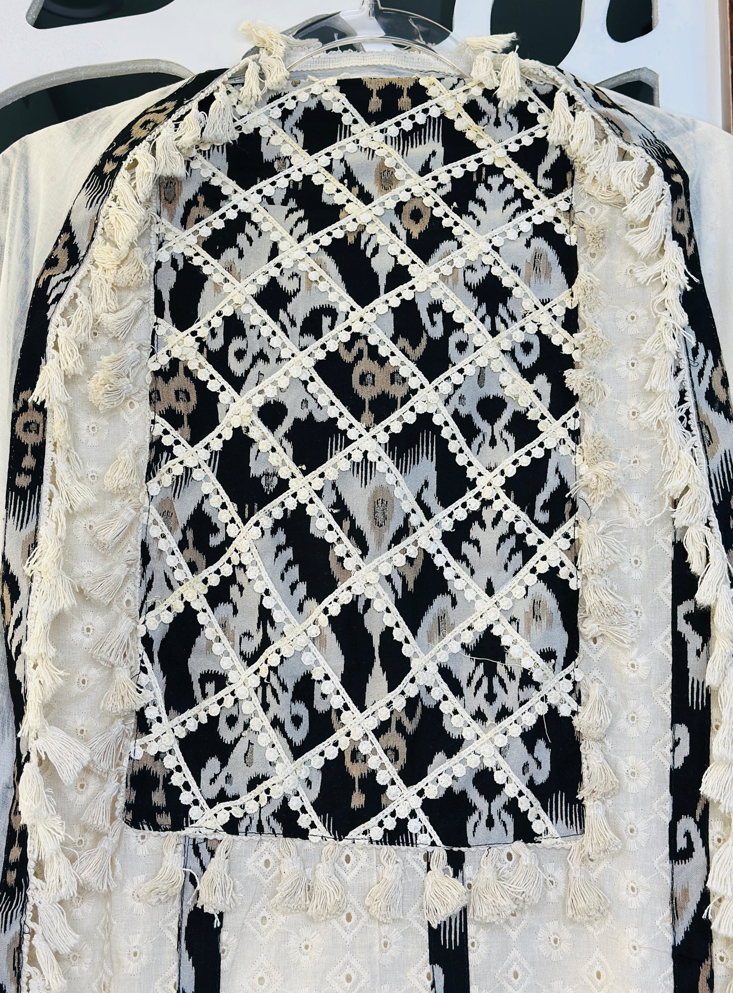 Premium Schiffli Ikkat Print Patches Pure Cotton Suit Daman Tassels With Cotton Dupatta Kinari Tassels & Plain Cotton Bottom