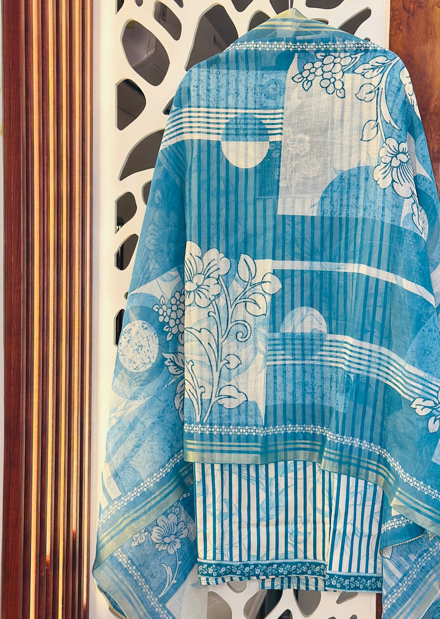 Digital Printed Pure Cotton Suit & Dupatta With Golden Wire & Lace Highlights