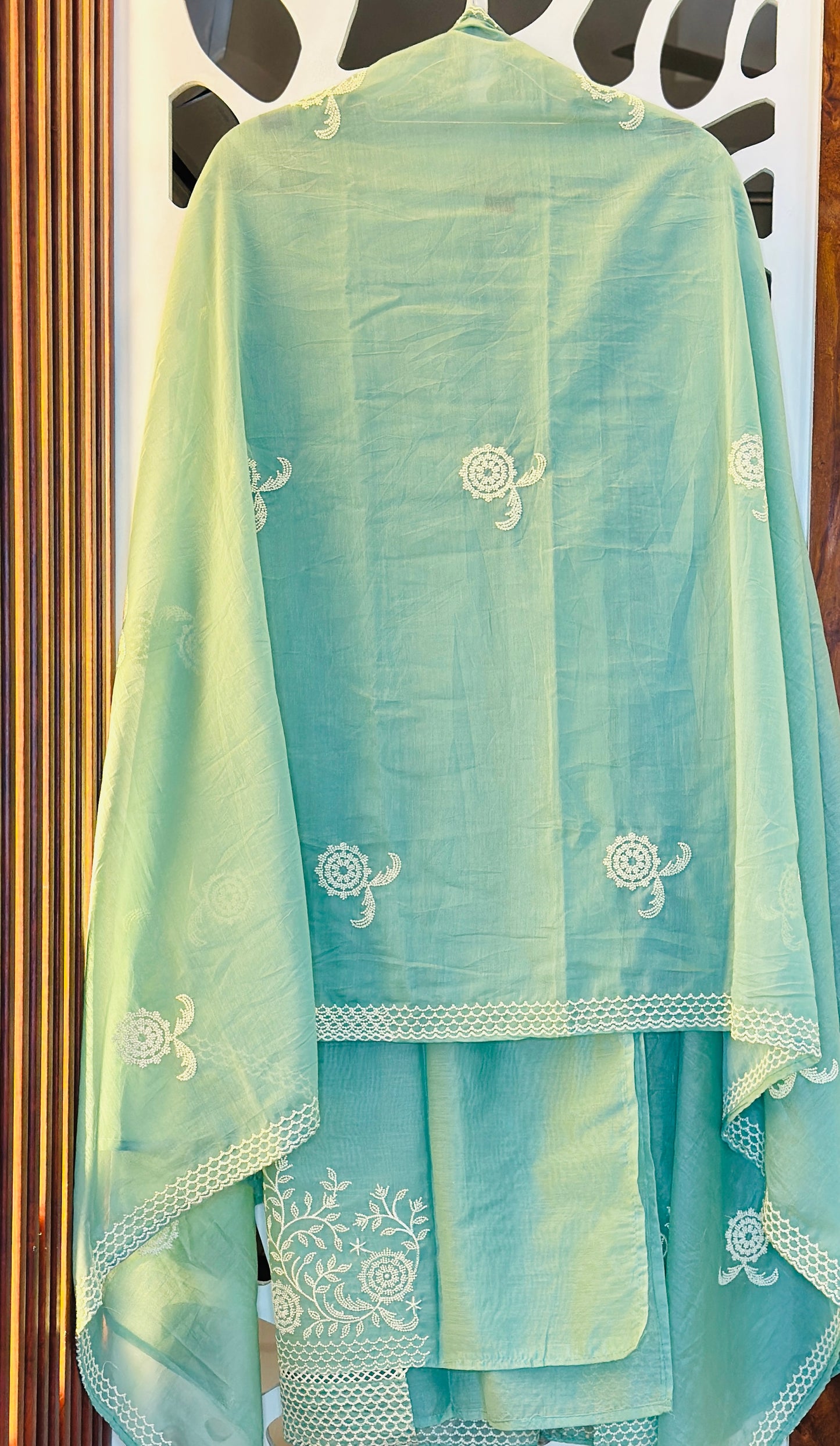Fine & Elegant Thread Embroidered Mul Chanderi Suit With Crochet Lace & Thread Embroidered Mul Chanderi Dupatta & Plain Rayon Bottom