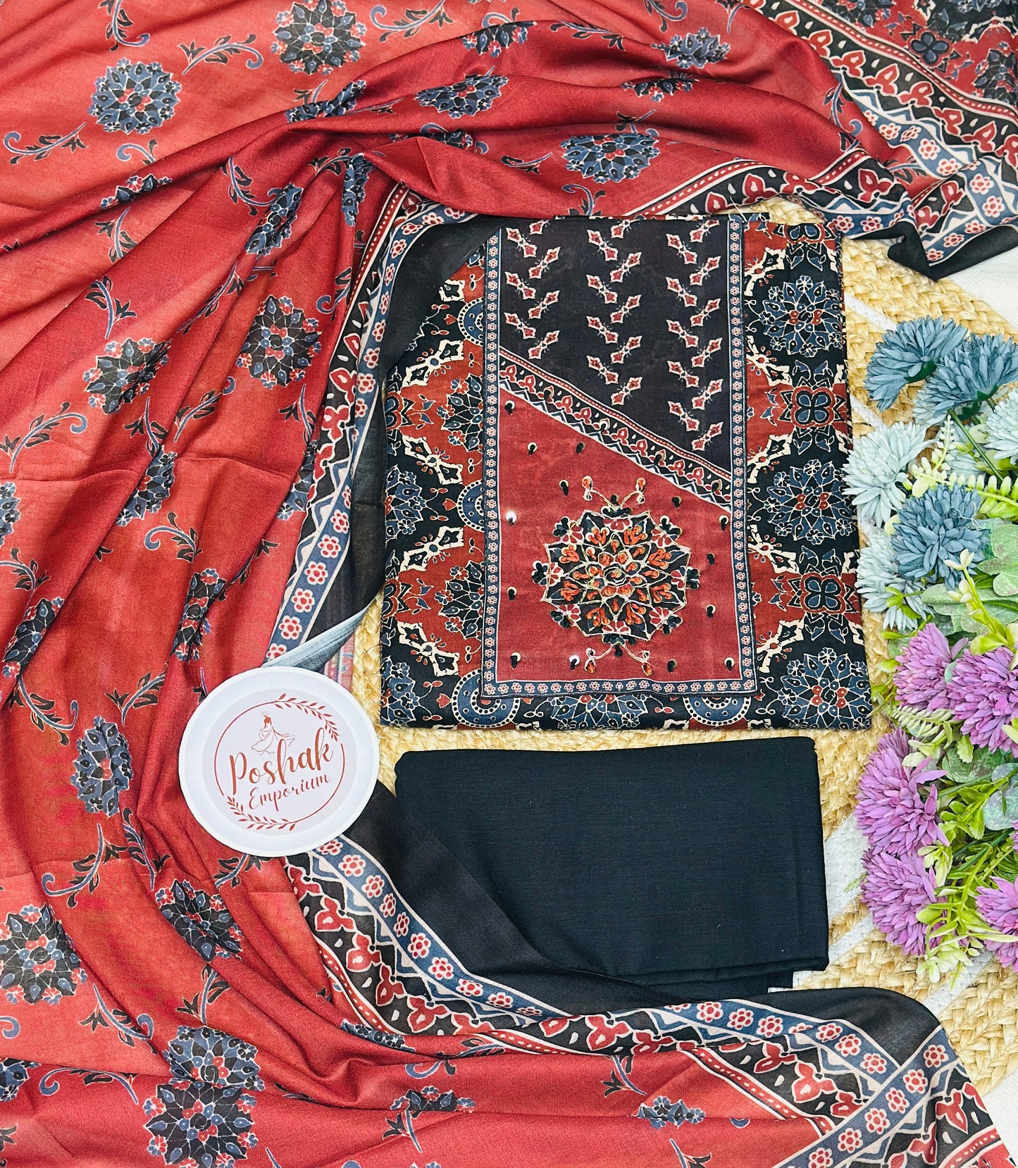 Ajrak Print Pure Cotton With French Knot & Golden Wire Highlights & Pure Cotton Dupatta