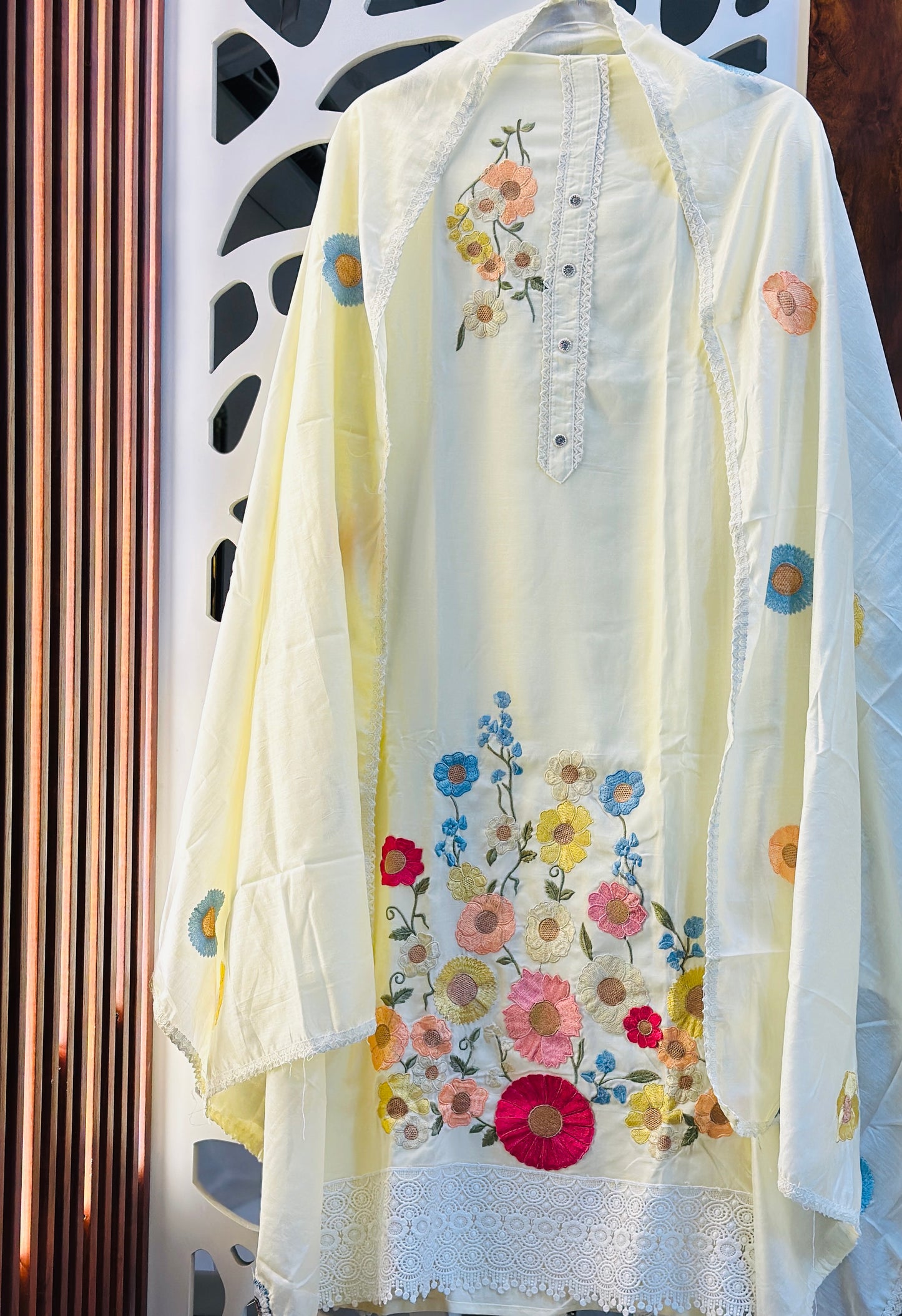 3D Floral Thread Embroidered Patch Work Suit With Crochet Lace & Cotton Embroidered Dupatta & Rayon Bottom