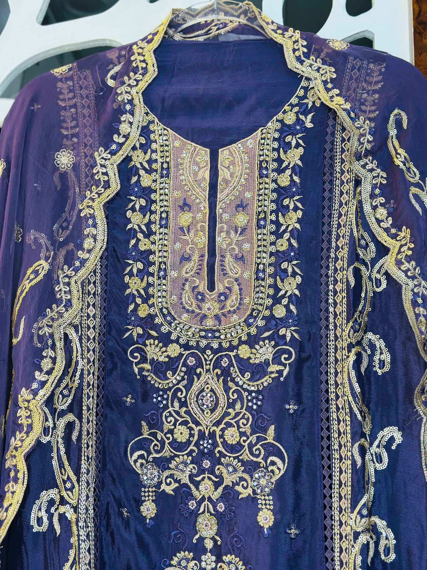 Elegant Embroidered Karachi Pakistani Suit With Pure Chiffon Embroidered Dupatta & Daman Embroidered Rayon Bottom
