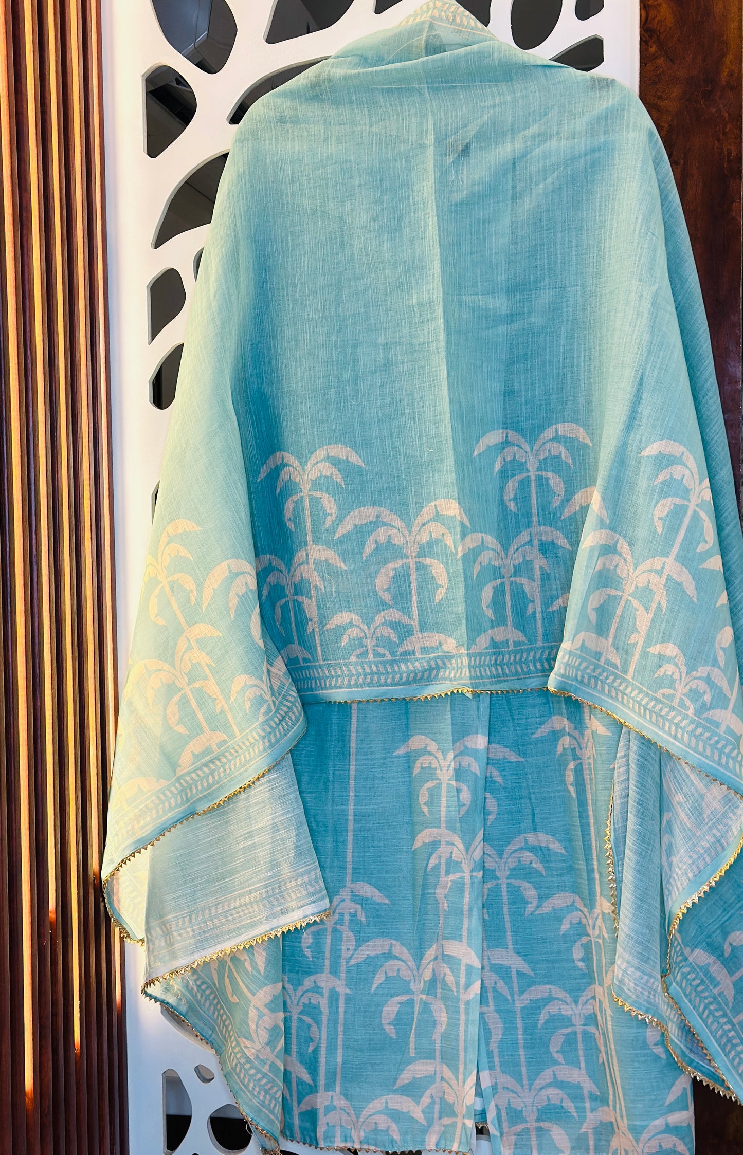Soft Linen Suit With Daman Printed Cut Dana Work, & Golden Kinari Lace Highlights With Printed Linen Dupatta & Rayon Bottom