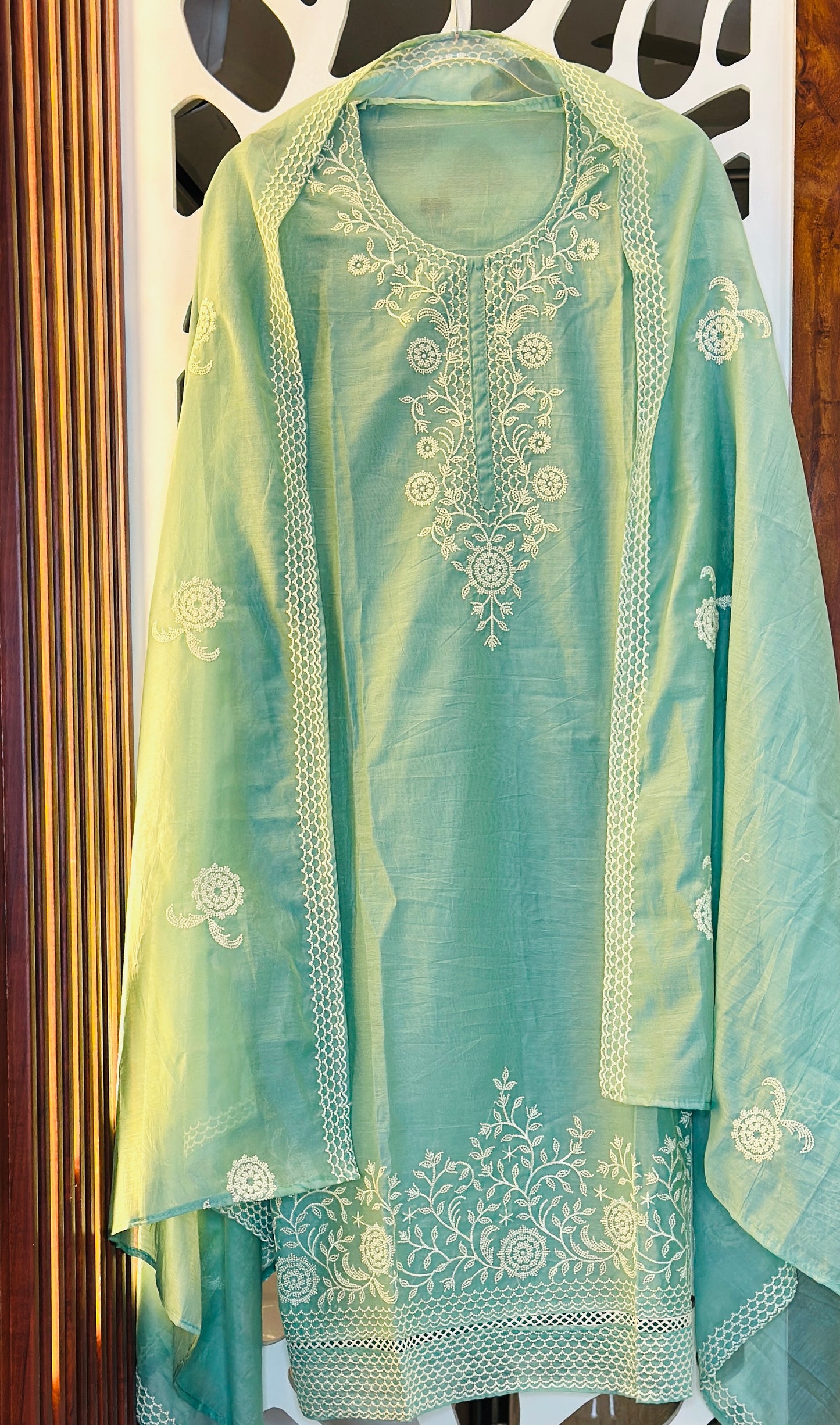Fine & Elegant Thread Embroidered Mul Chanderi Suit With Crochet Lace & Thread Embroidered Mul Chanderi Dupatta & Plain Rayon Bottom