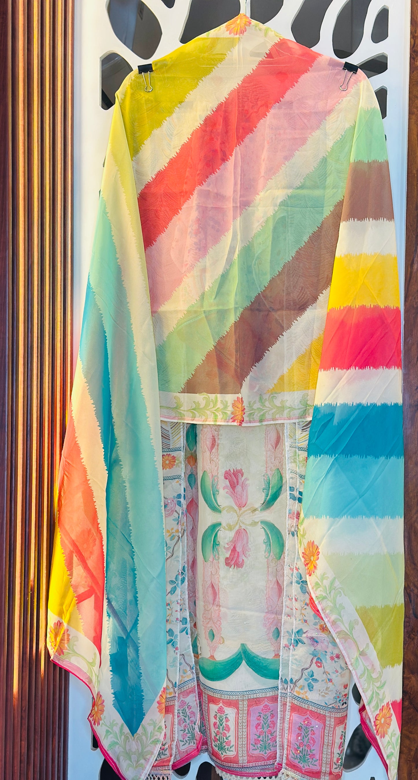 Trendy Multicoloured Digital Printed Semi Stitched Organza Suit With Seroski & Mirror Highlights Lehriya Organza Dupatta With Tassels & Plain Rayon Bottom