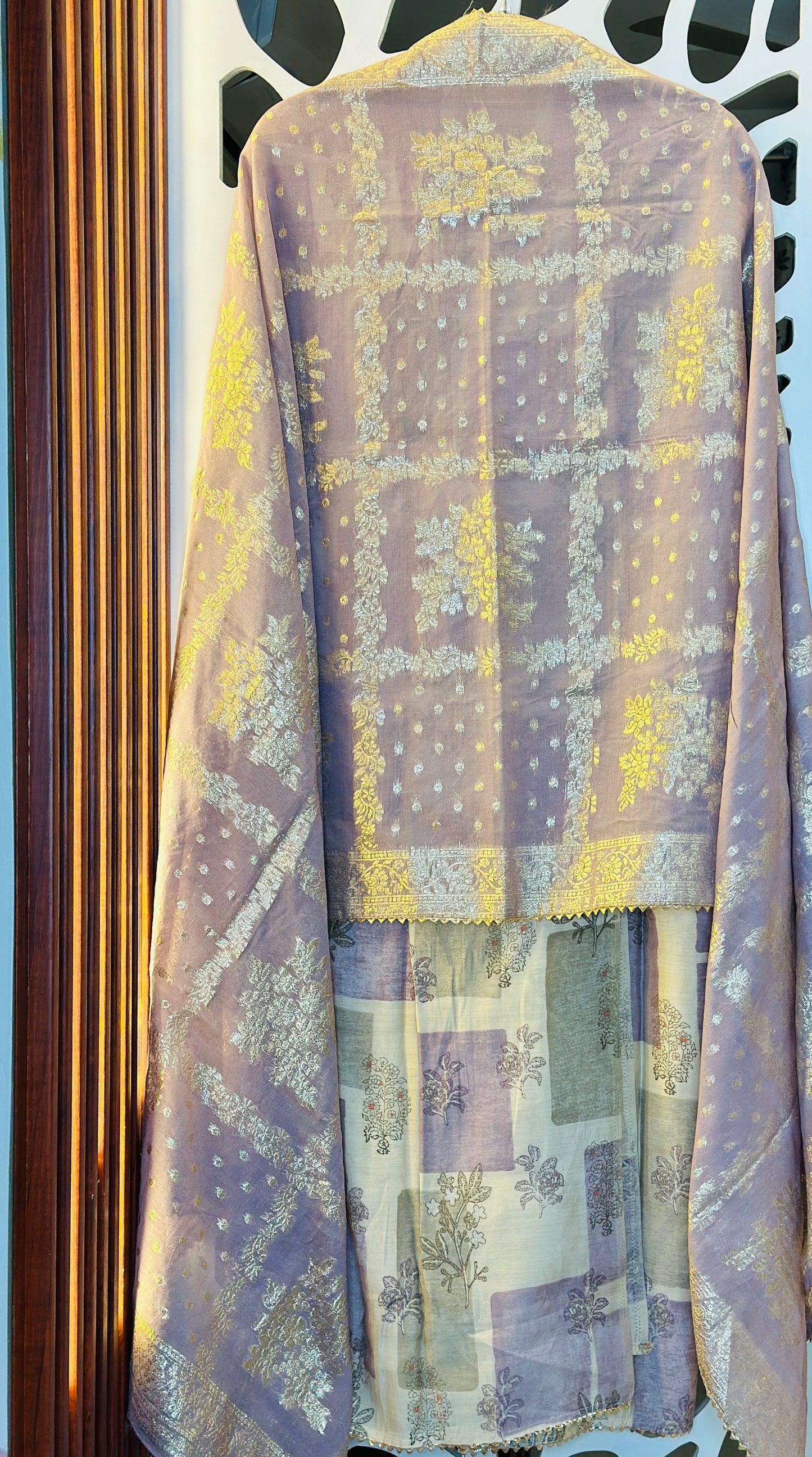 Box Digital Printed Muslin Suit With Beautiful Golden Thread & Tassels
Neck Tie With Self Weaved Georgette Dupatta & Rayon Bottom