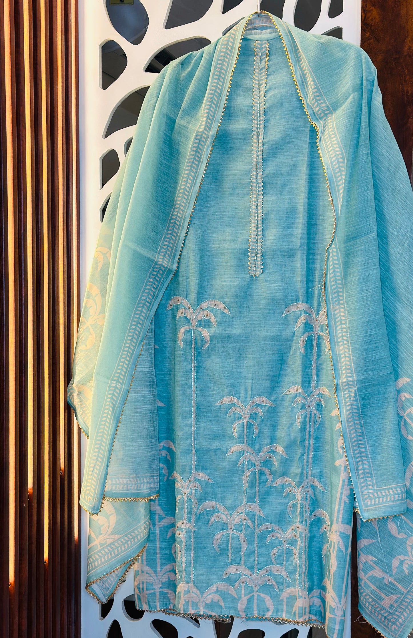 Soft Linen Suit With Daman Printed Cut Dana Work, & Golden Kinari Lace Highlights With Printed Linen Dupatta & Rayon Bottom