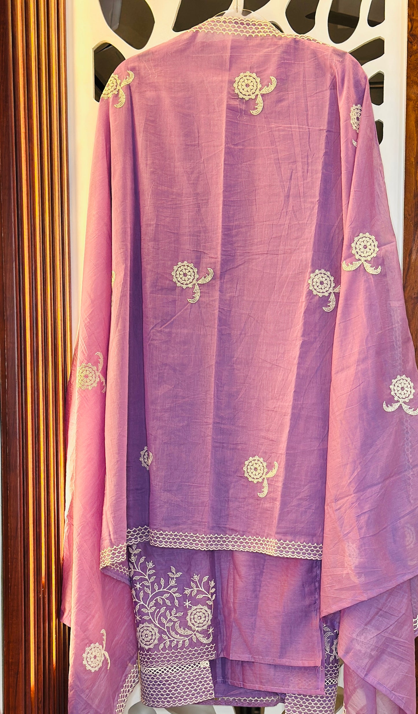 Fine & Elegant Thread Embroidered Mul Chanderi Suit With Crochet Lace & Thread Embroidered Mul Chanderi Dupatta & Plain Rayon Bottom
