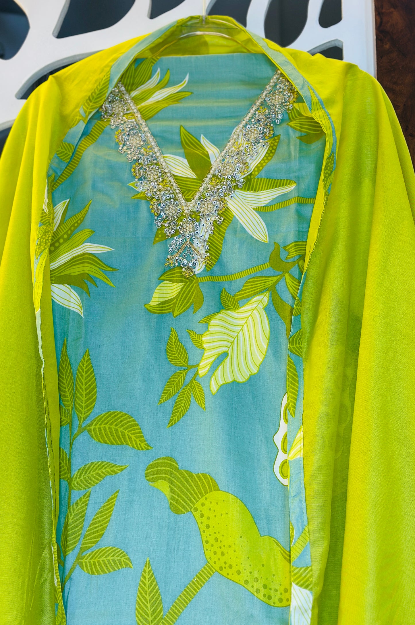 Floral Digital Printed Rayon Cotton Suit With Beautiful Pearl, Stones & Dori Embroidered Neck Tie With Cotton Dupatta & Plain Rayon Bottom