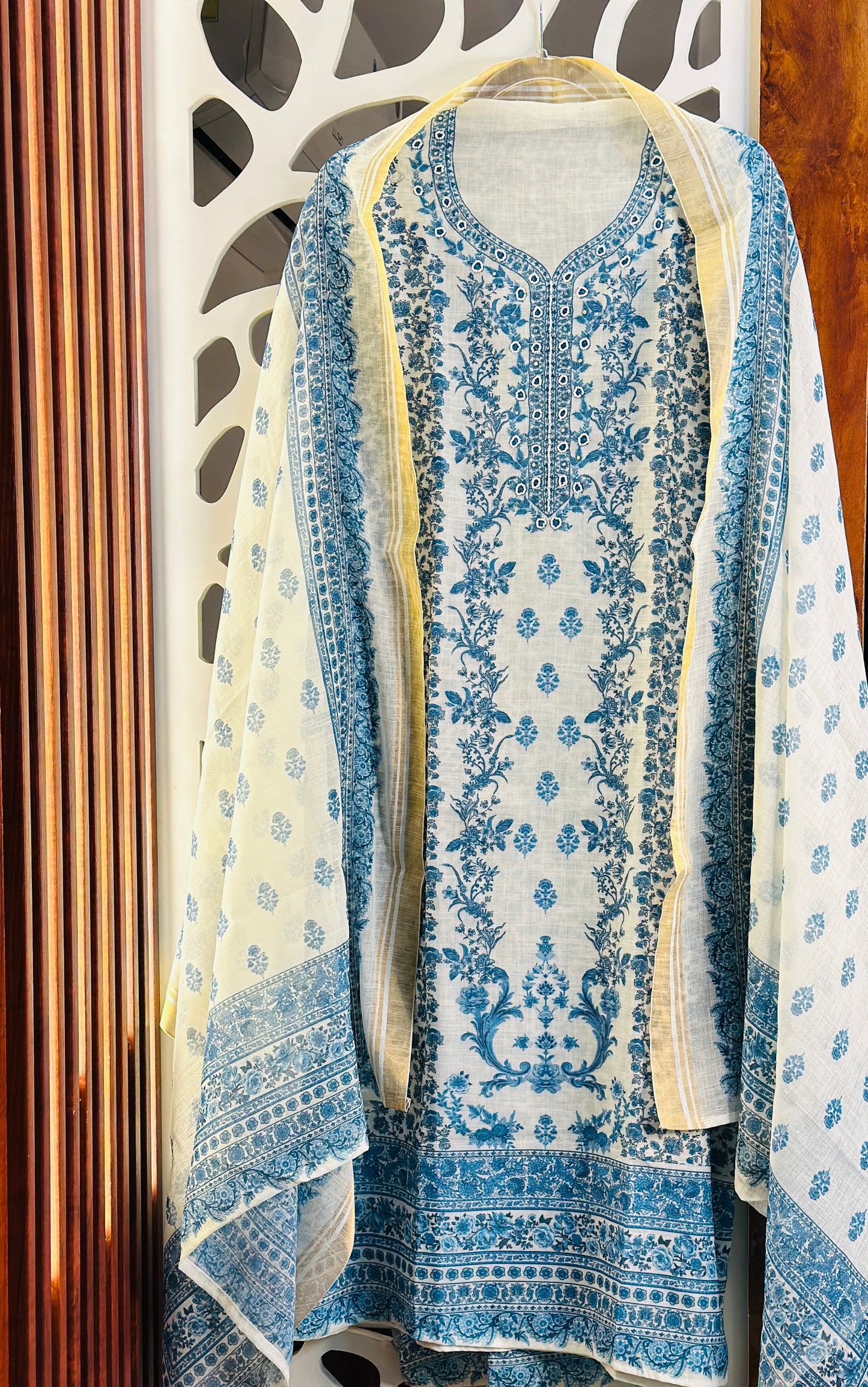 Soft Linen Digital Printed Suit Pearl Work On Neck Tie With Digital Printed Linen Dupatta & Rayon Bottom