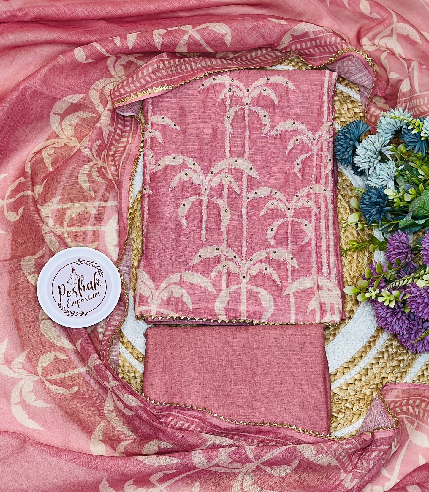 Soft Linen Suit With Daman Printed Cut Dana Work, & Golden Kinari Lace Highlights With Printed Linen Dupatta & Rayon Bottom