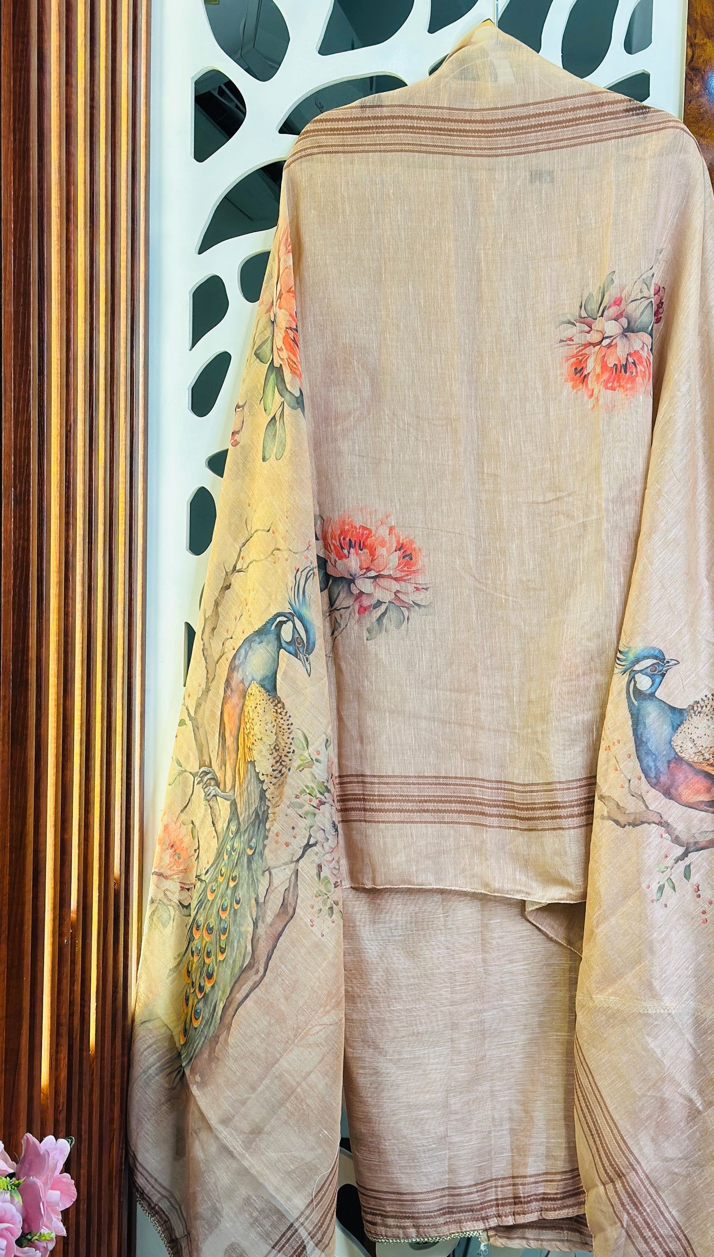 Premium Digital Peacock Printed Suit With Cut Dana & Thread Embroidery With Digital Printed Soft Linen Dupatta & Plain Rayon Bottom