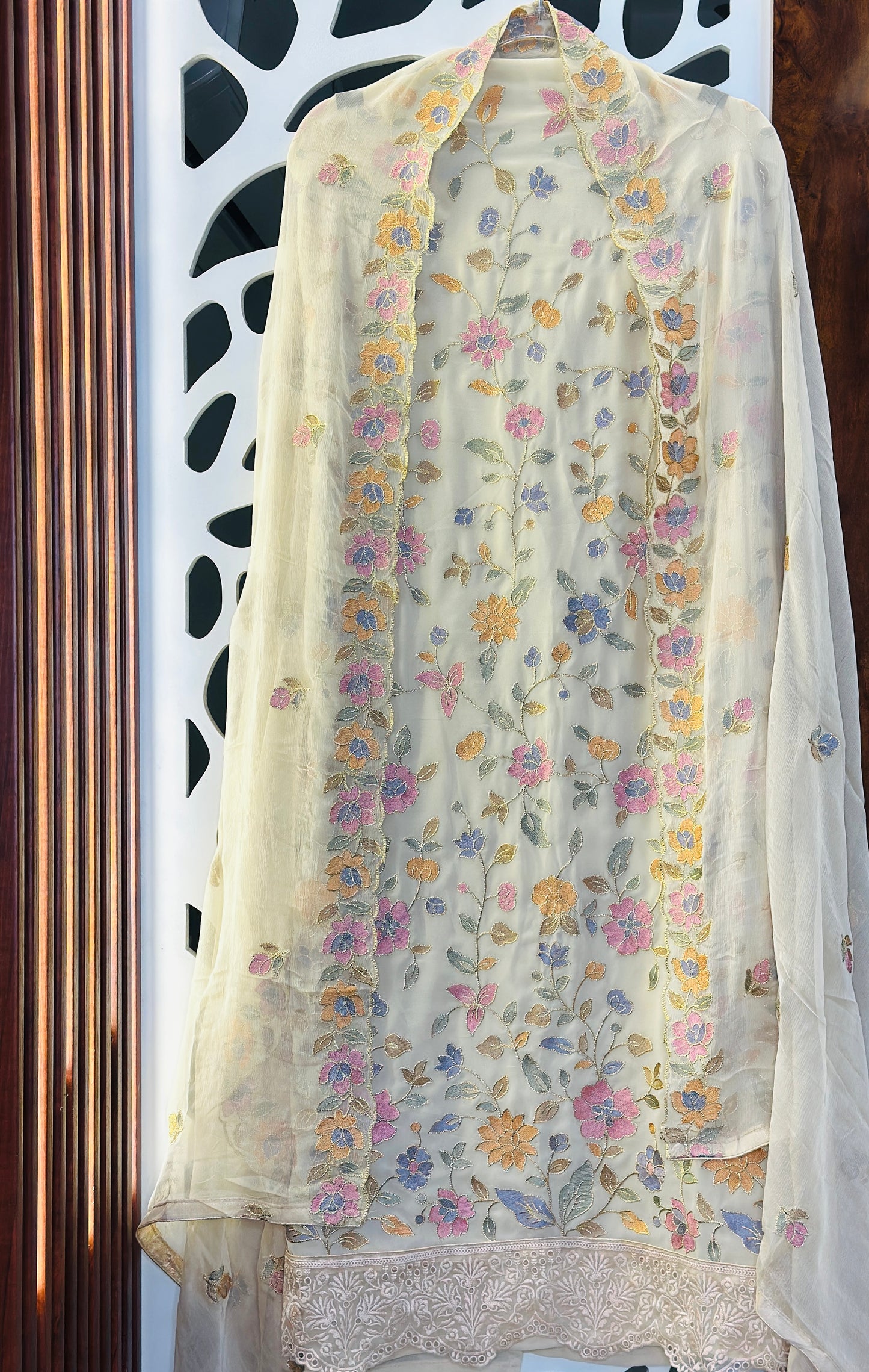 Premium Georgette Beautiful Thread Embroidered Suit With Cut Work Georgette Embroidered Dupatta & Shantoon Bottom