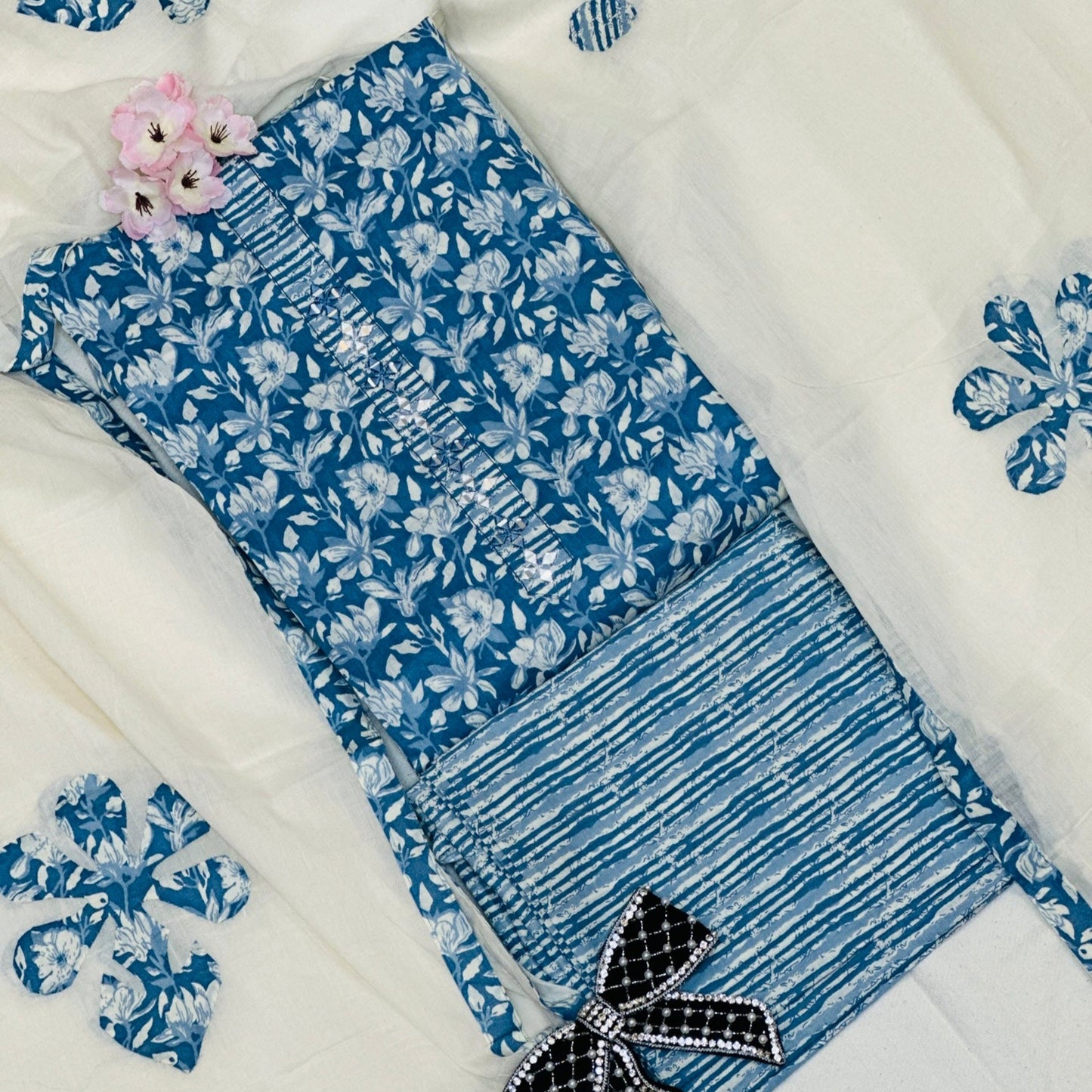 Floral Cotton Mirror Embellished Suit