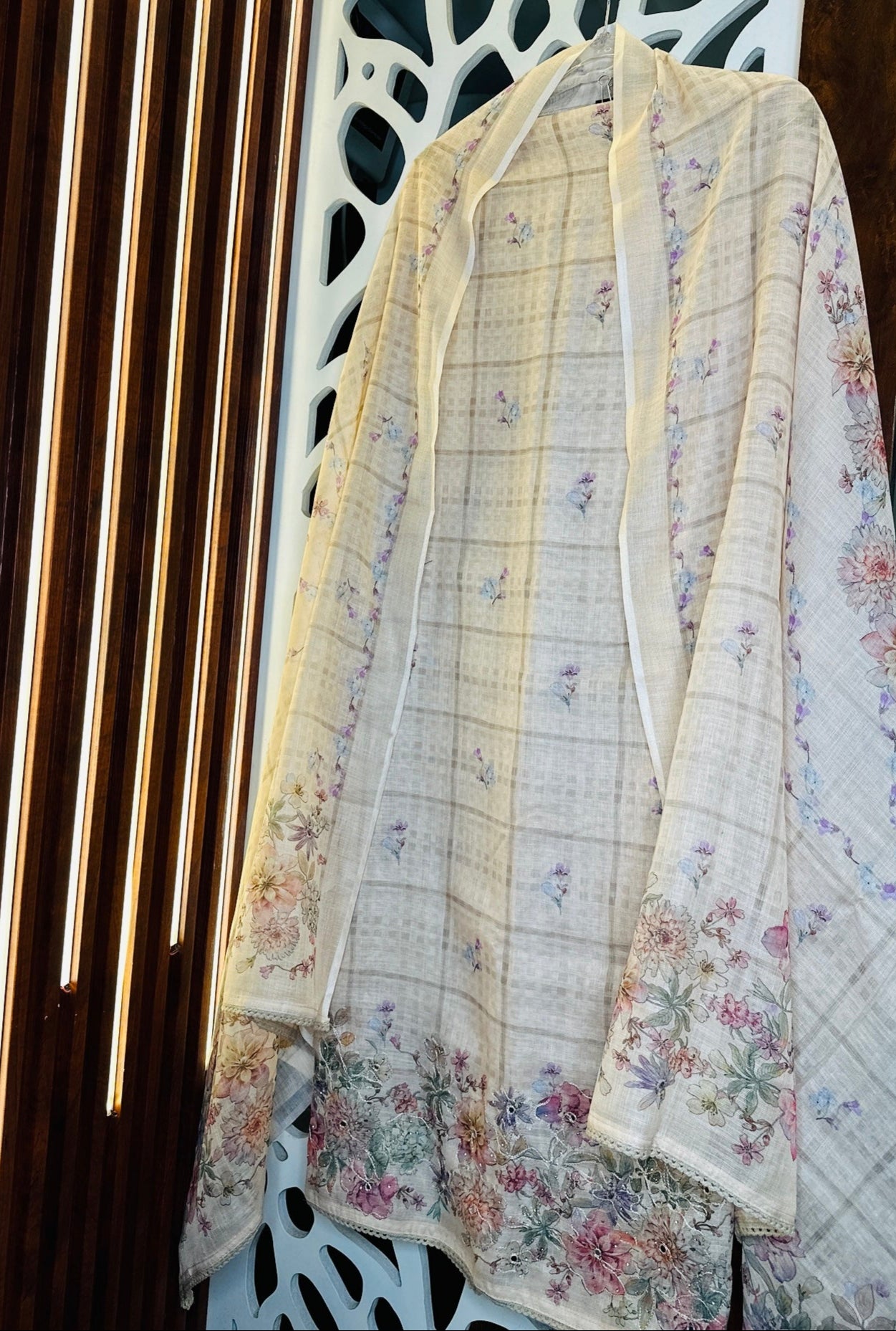 Linen Digital Printed Floral Thread Work With Mirror & Golden Stone Highlights