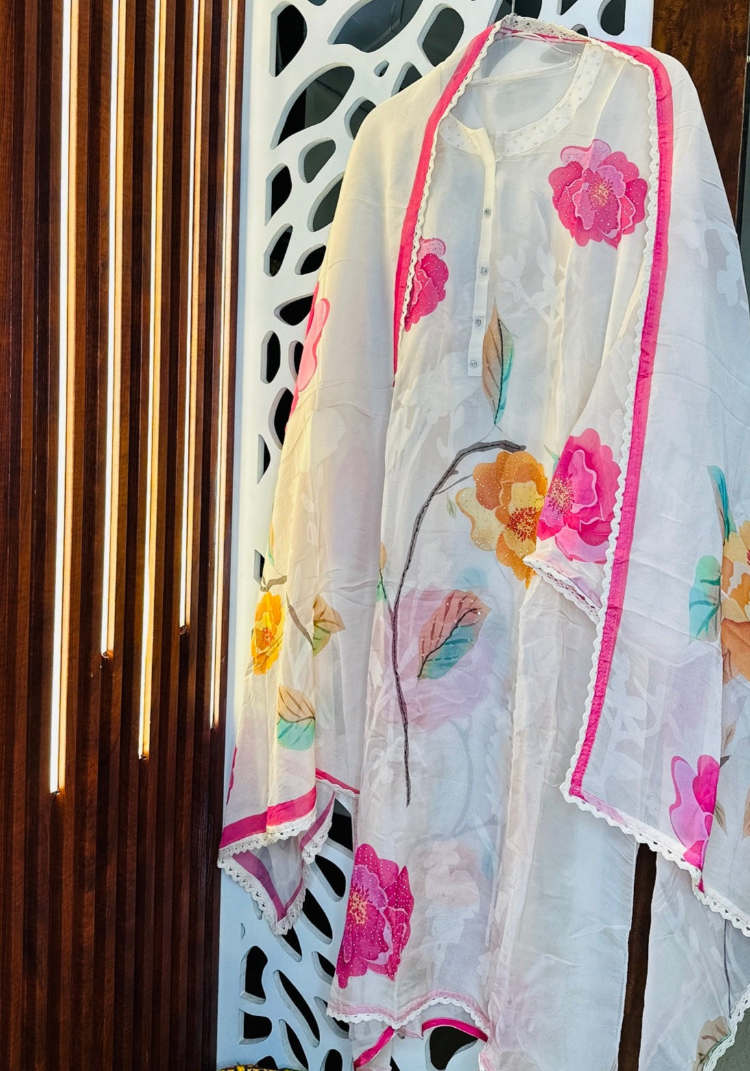 Trendy Floral Digital Printed Organza With Seroski & Crosia Lace