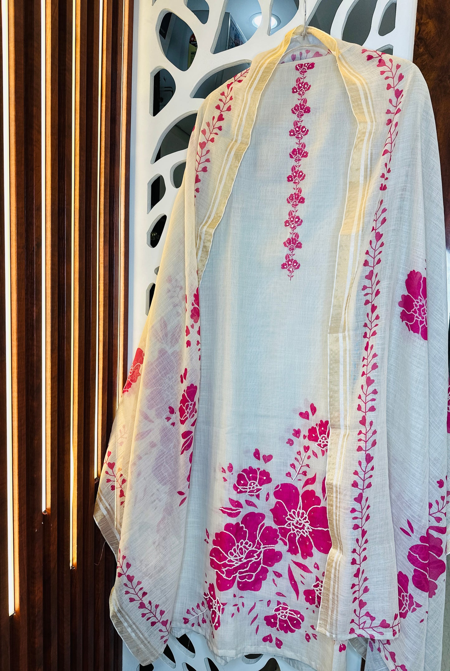 Floral Printed Linen With Pearl Embroidery