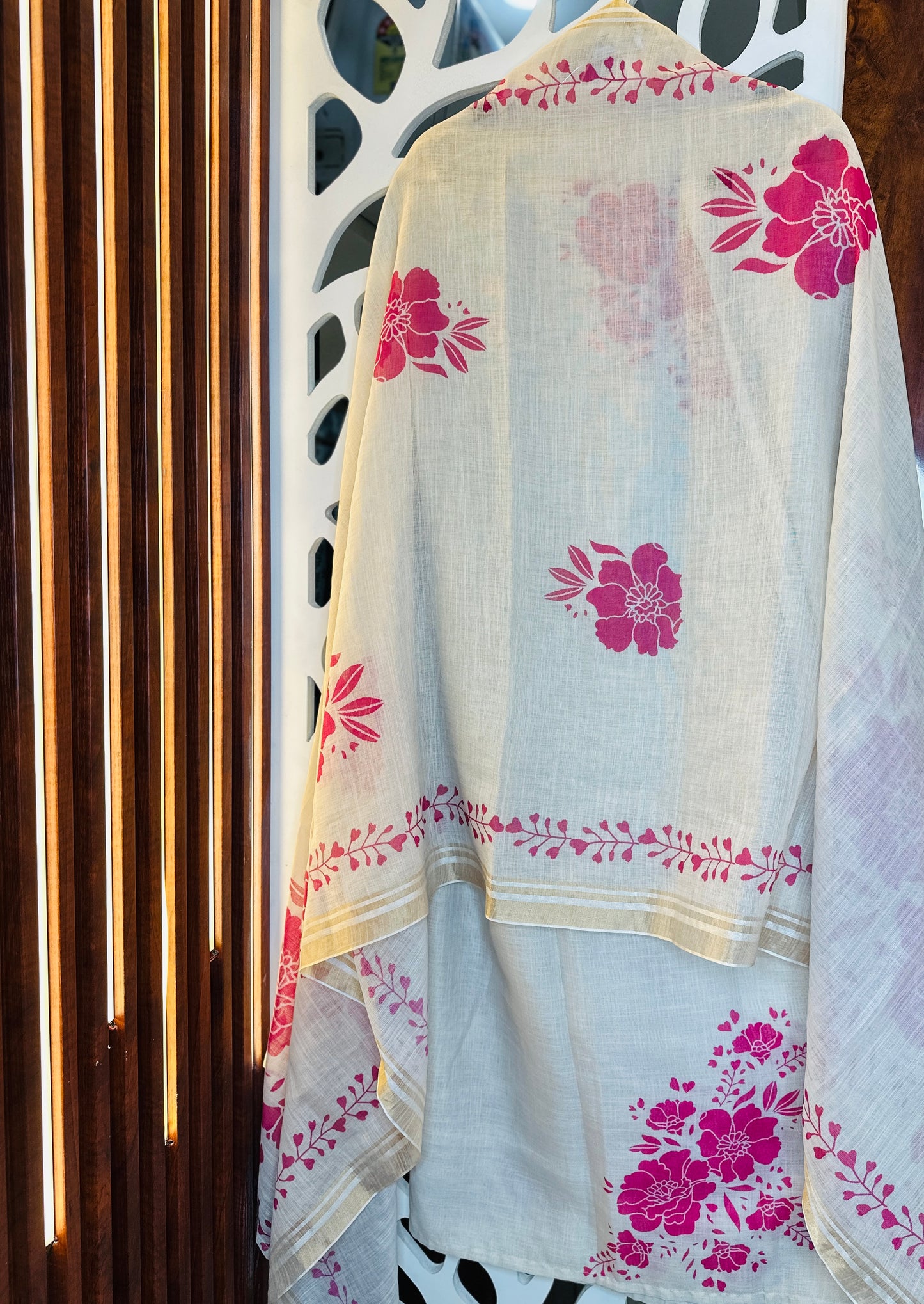 Floral Printed Linen With Pearl Embroidery