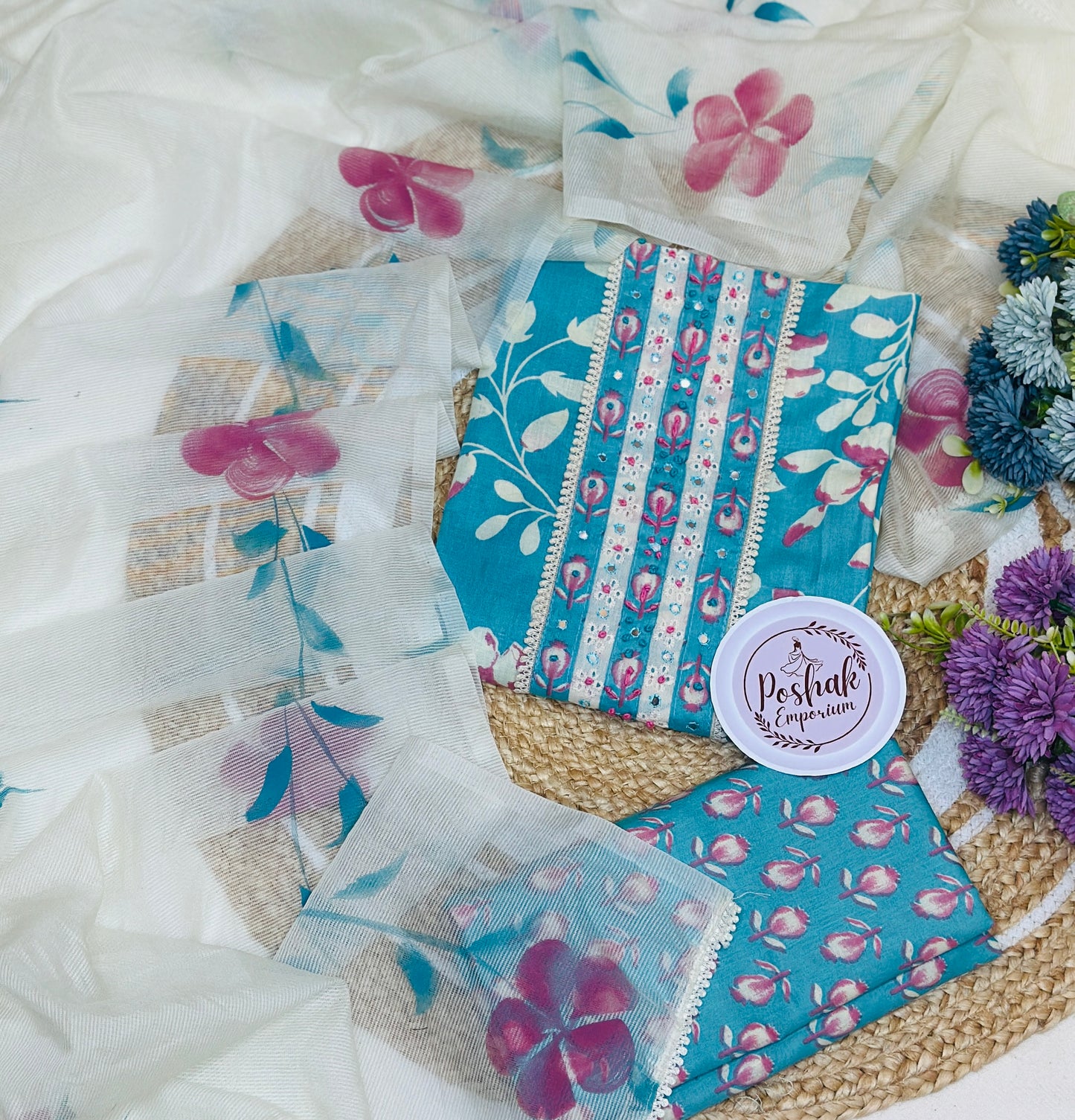 Printed Pure Cotton With French Knot & Crosia Lace