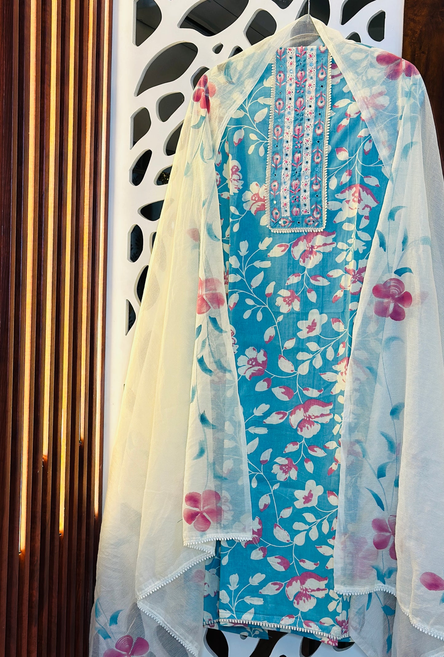 Printed Pure Cotton With French Knot & Crosia Lace