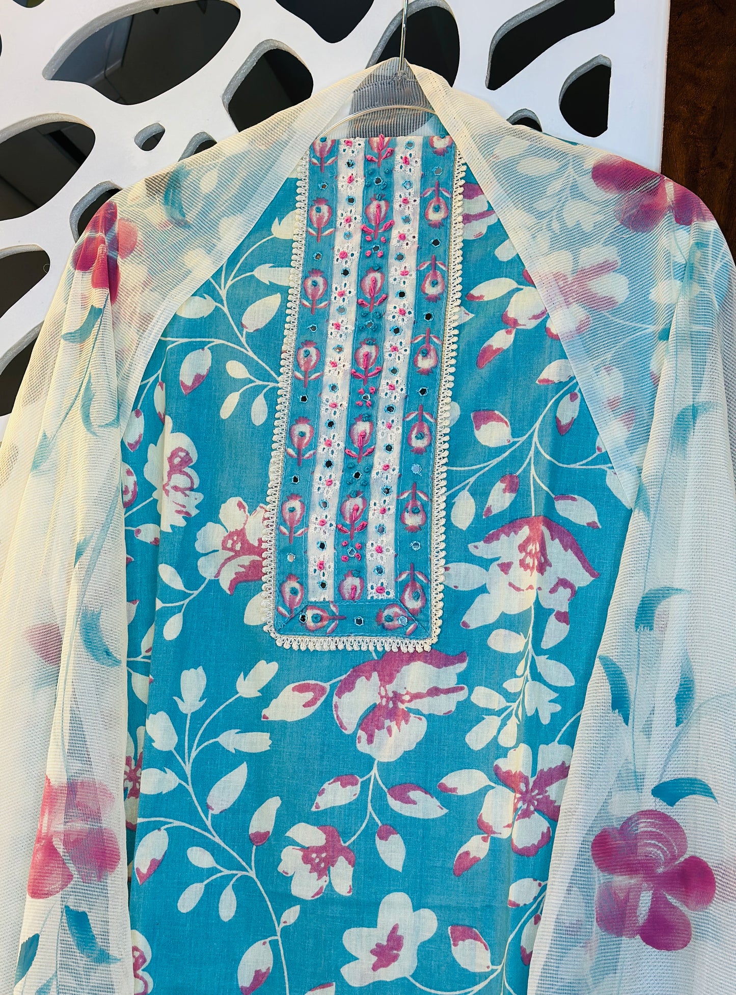 Printed Pure Cotton With French Knot & Crosia Lace
