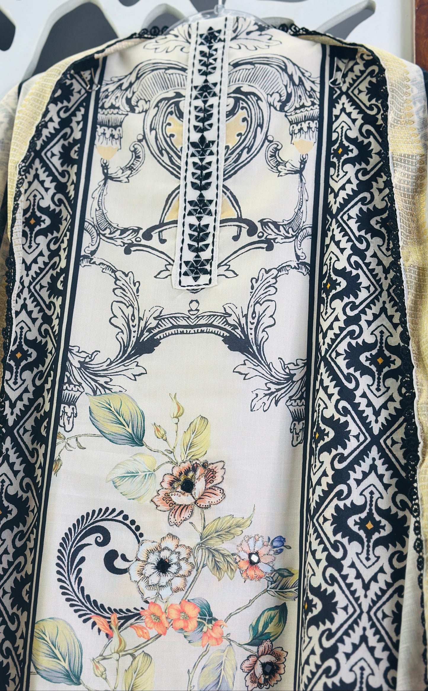 Premium Soft Linen Beautiful Pakistani Digital Printed Suit With Fancy Real Mirror Work & Crochet Lace, Printed Dupatta & Rayon Bottom