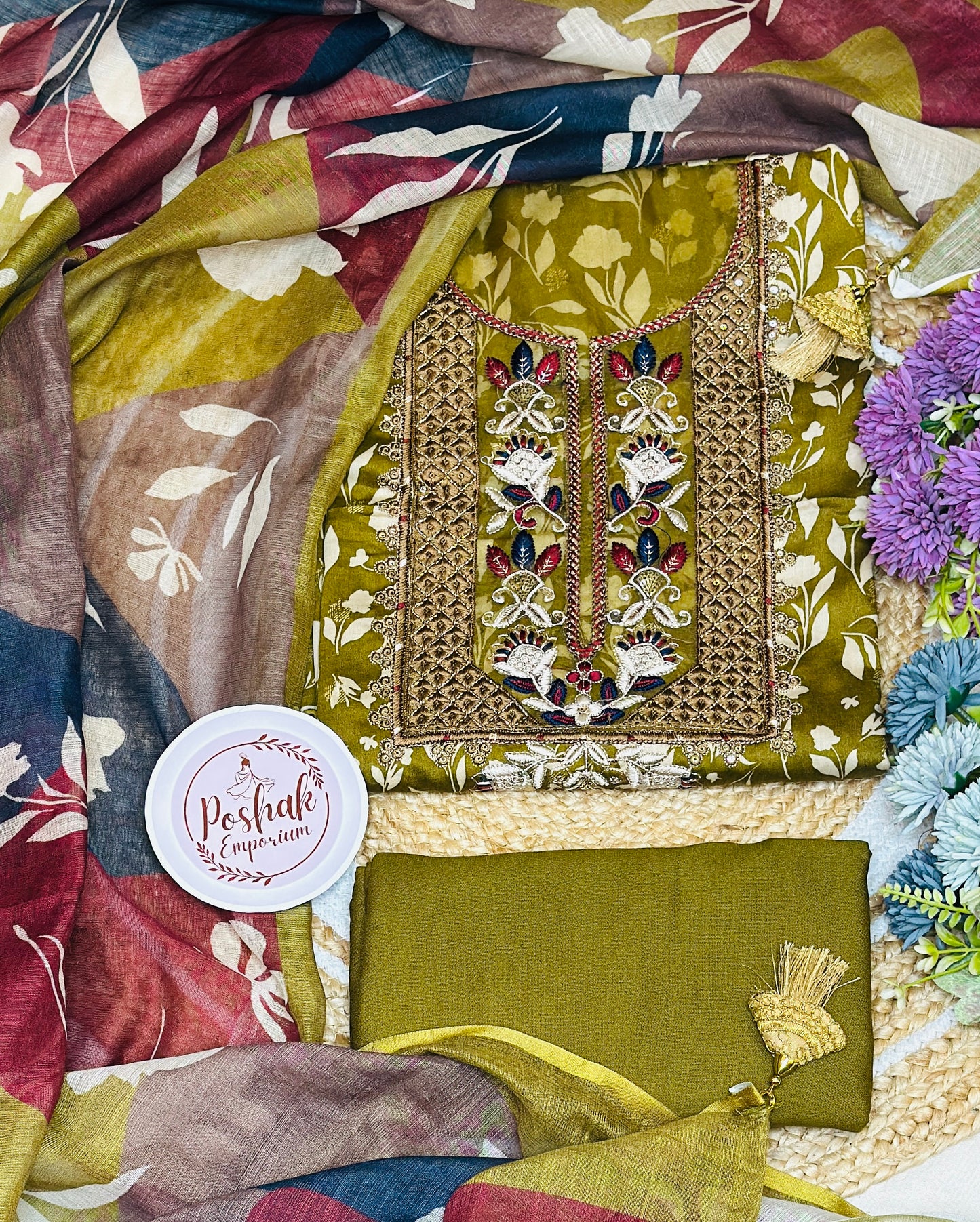 Jam Floral Printed Cotton With Embroidered Neck Tie