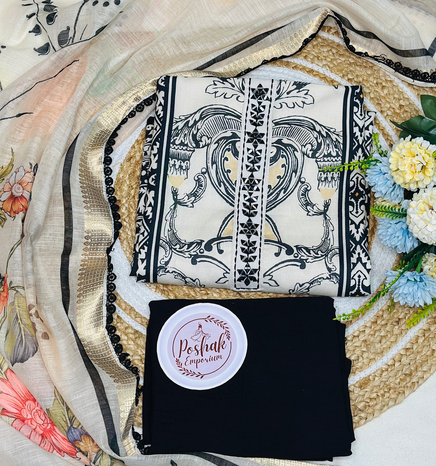 Premium Soft Linen Beautiful Pakistani Digital Printed Suit With Fancy Real Mirror Work & Crochet Lace, Printed Dupatta & Rayon Bottom